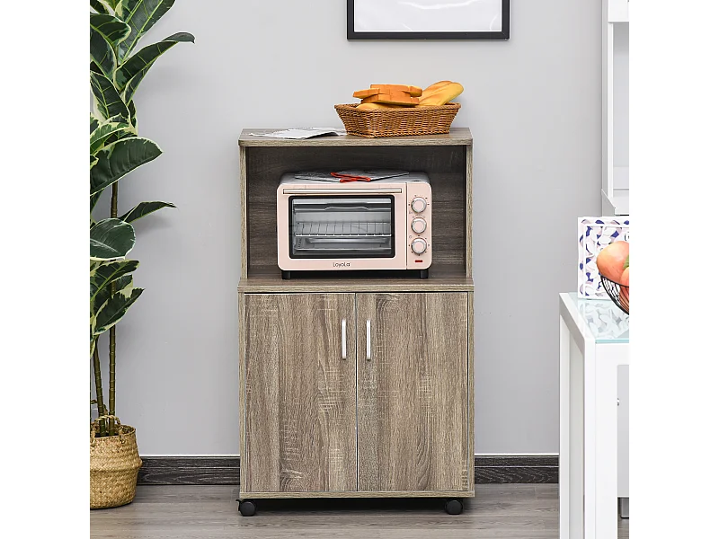 Chariot desserte micro-ondes placard 2 portes - dim. 60,4L x 40,3l x 97H cm - imitation bois