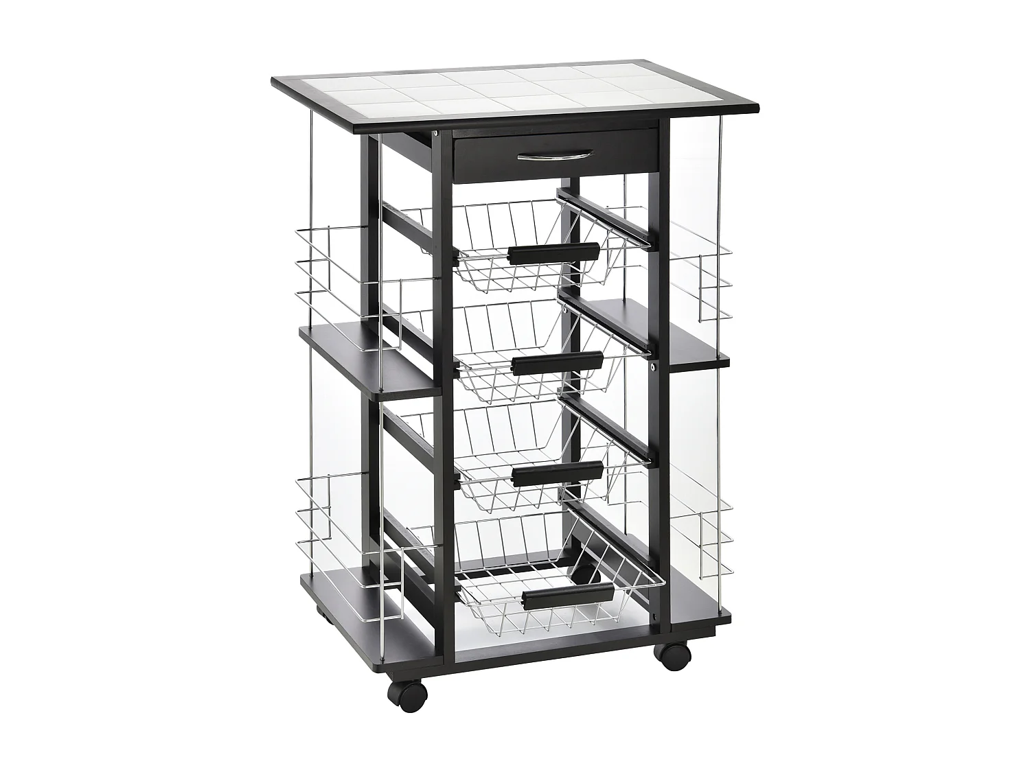 Chariot de service desserte de cuisine à roulettes multi-rangements 4 paniers métal tiroir + 4 range-bouteilles bois pin noir plateau carrelé blanc