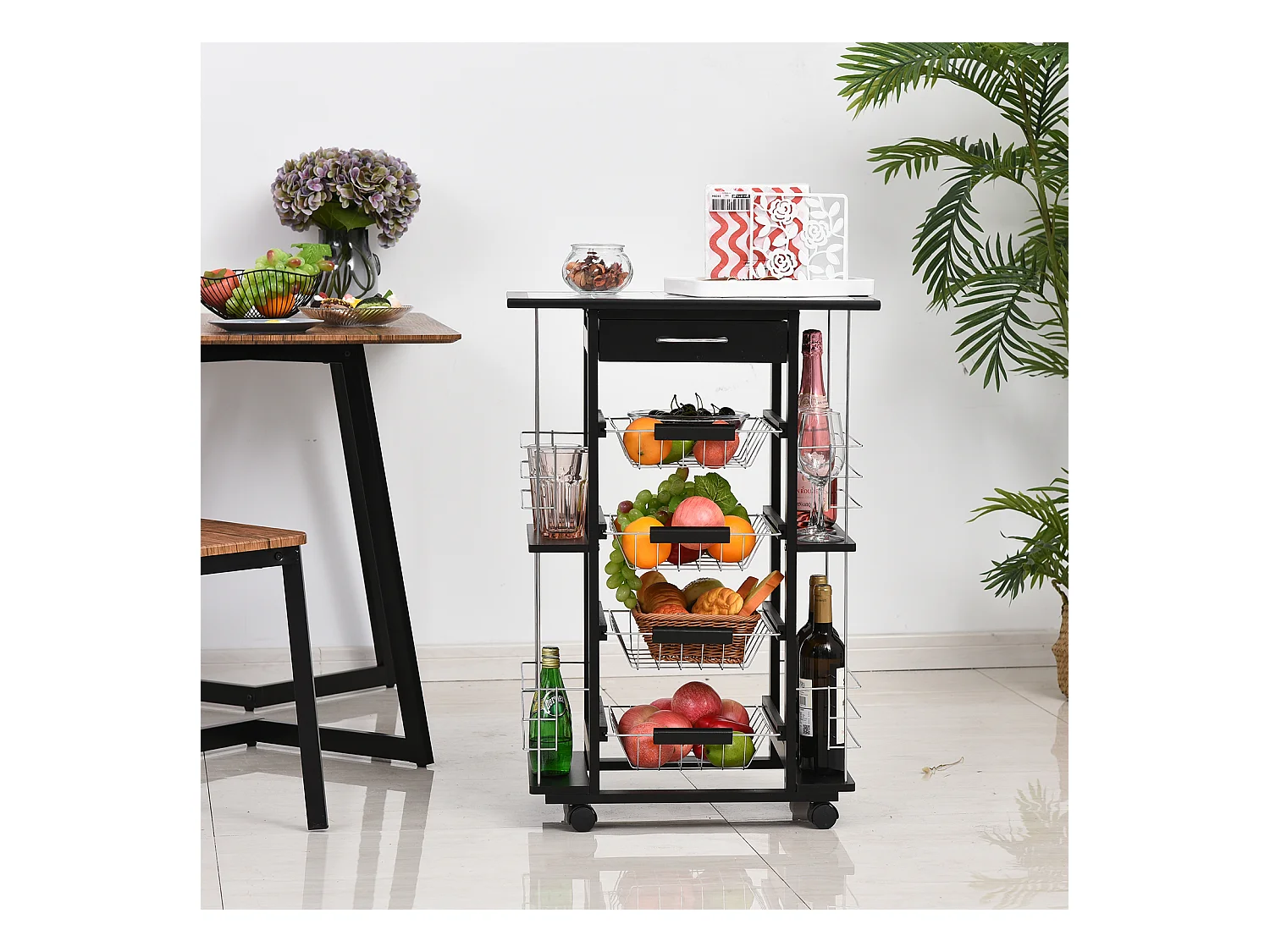 Chariot de service desserte de cuisine à roulettes multi-rangements 4 paniers métal tiroir + 4 range-bouteilles bois pin noir plateau carrelé blanc