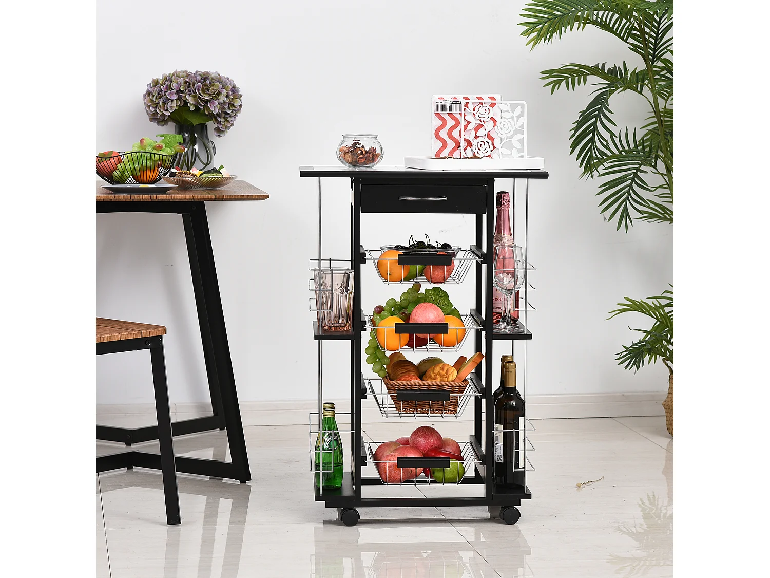 Chariot de service desserte de cuisine à roulettes multi-rangements 4 paniers métal tiroir + 4 range-bouteilles bois pin noir plateau carrelé blanc