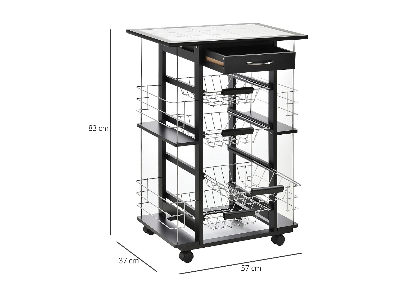 Chariot de service desserte de cuisine à roulettes multi-rangements 4 paniers métal tiroir + 4 range-bouteilles bois pin noir plateau carrelé blanc