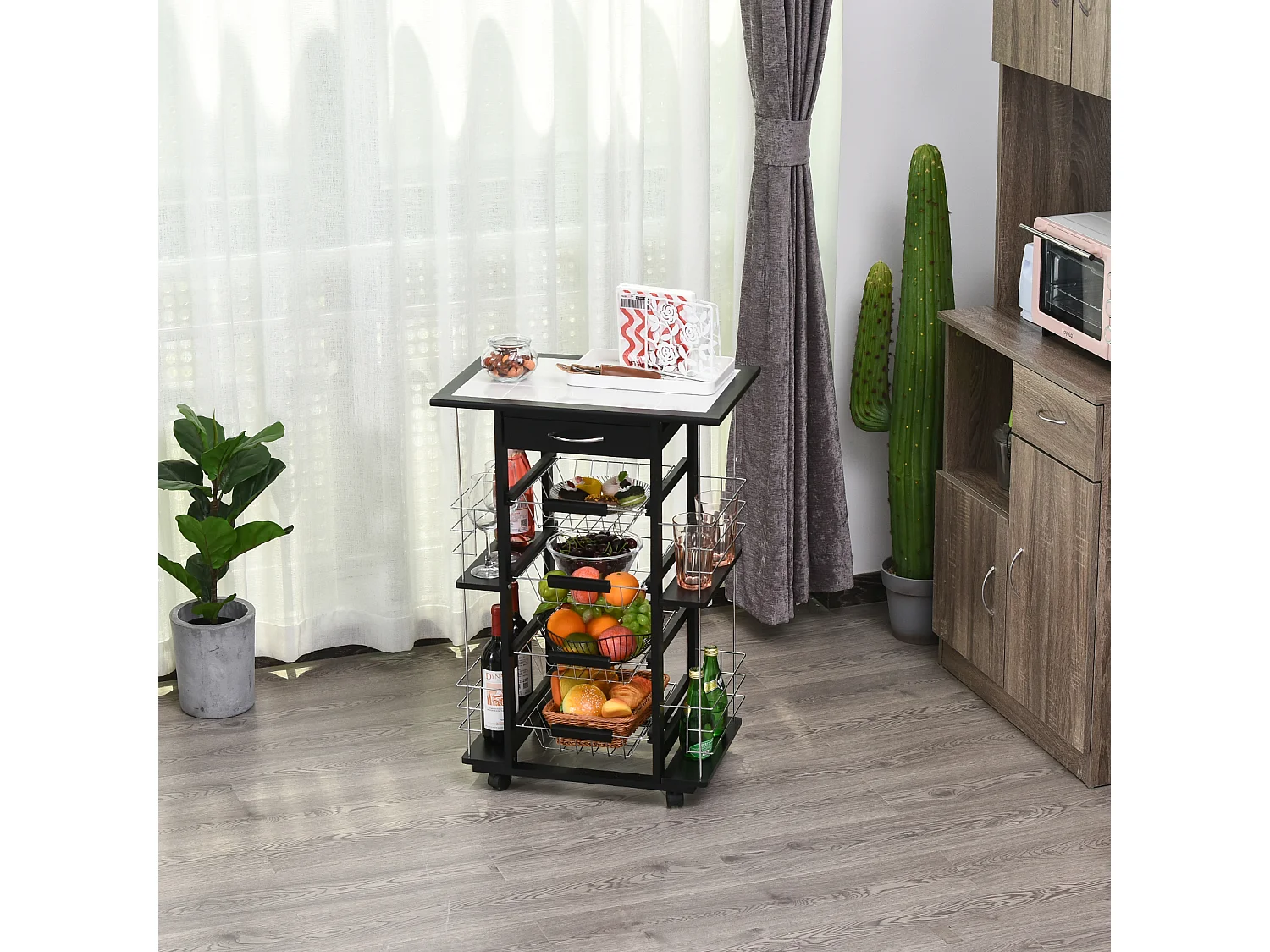 Chariot de service desserte de cuisine à roulettes multi-rangements 4 paniers métal tiroir + 4 range-bouteilles bois pin noir plateau carrelé blanc