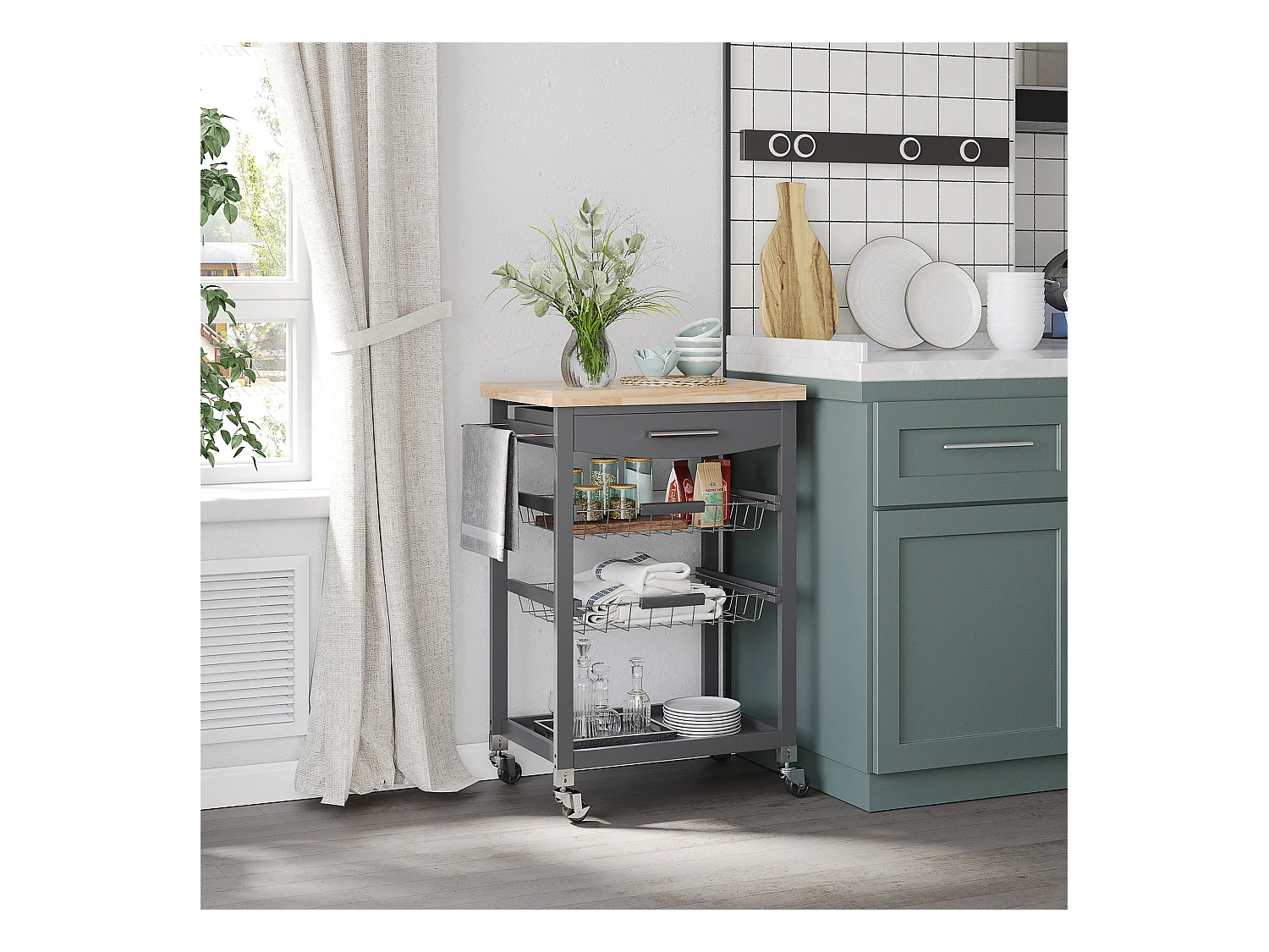 Desserte chariot de cuisine sur roulettes avec plan de travail, 2 paniers coulissants, 1 porte-torchons - gris