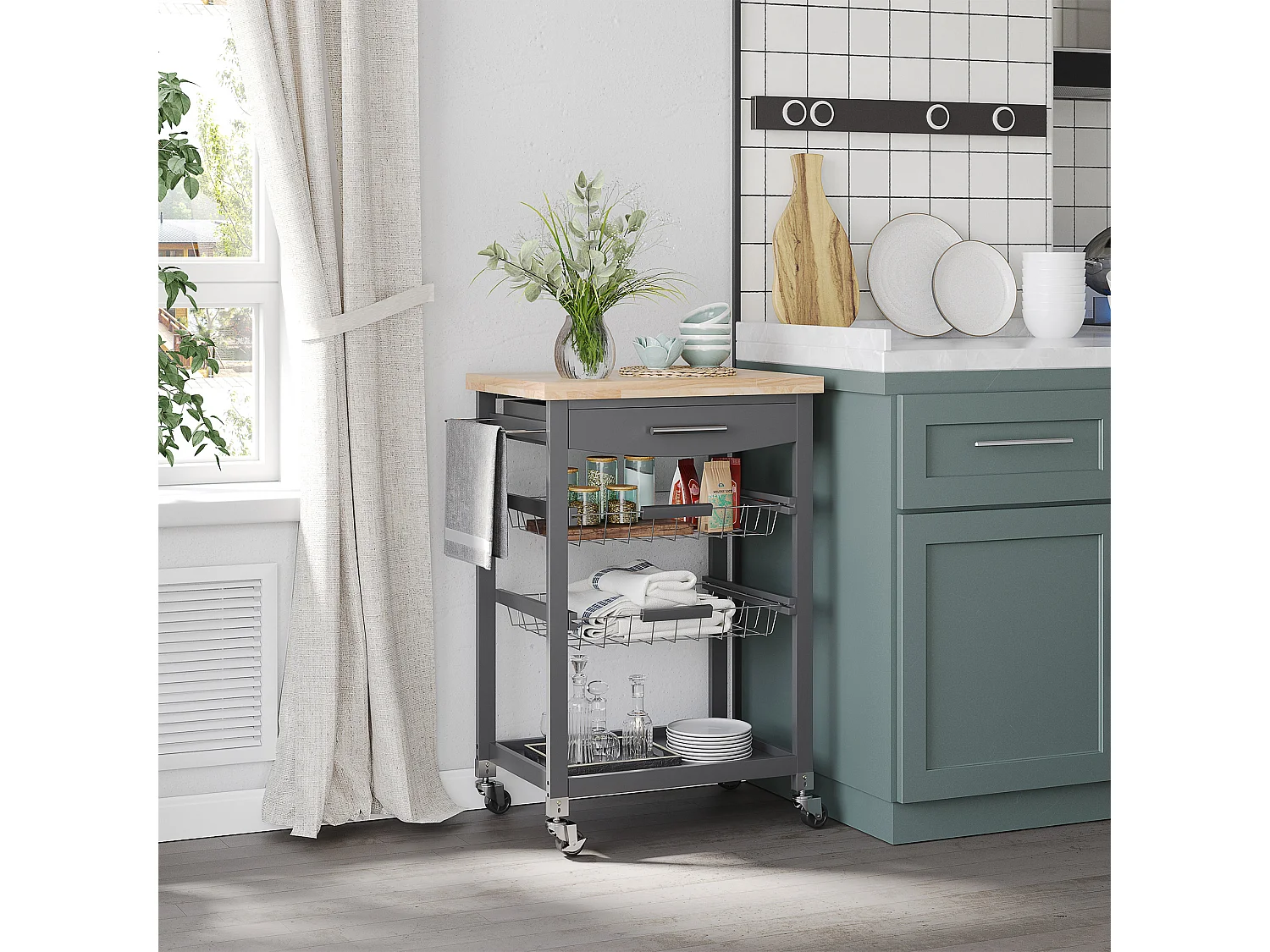 Desserte chariot de cuisine sur roulettes avec plan de travail, 2 paniers coulissants, 1 porte-torchons - gris