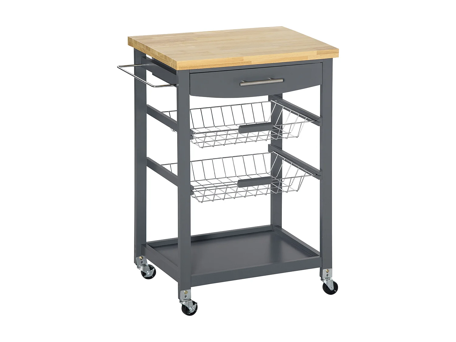 Desserte chariot de cuisine sur roulettes avec plan de travail, 2 paniers coulissants, 1 porte-torchons - gris