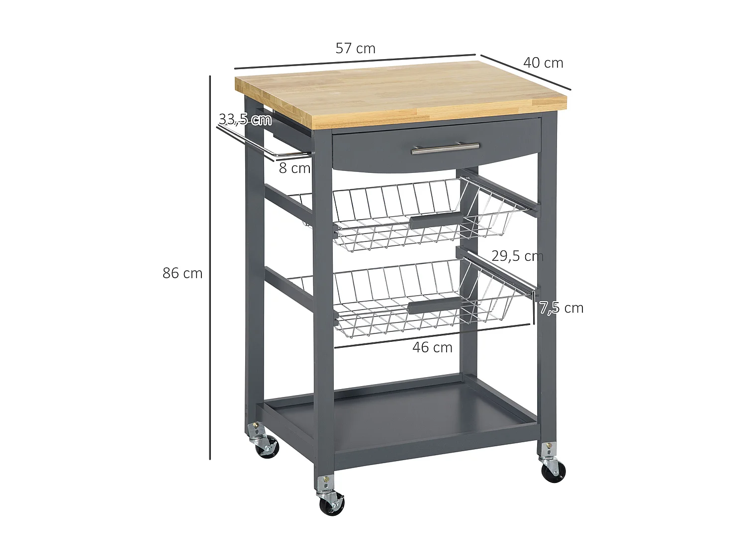 Desserte chariot de cuisine sur roulettes avec plan de travail, 2 paniers coulissants, 1 porte-torchons - gris