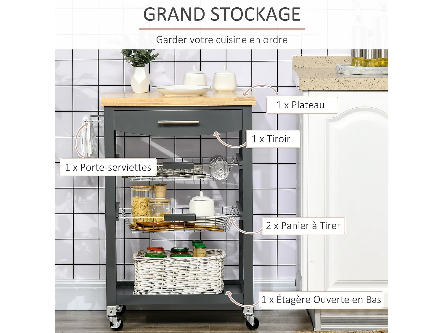 Desserte chariot de cuisine sur roulettes avec plan de travail, 2 paniers coulissants, 1 porte-torchons - gris