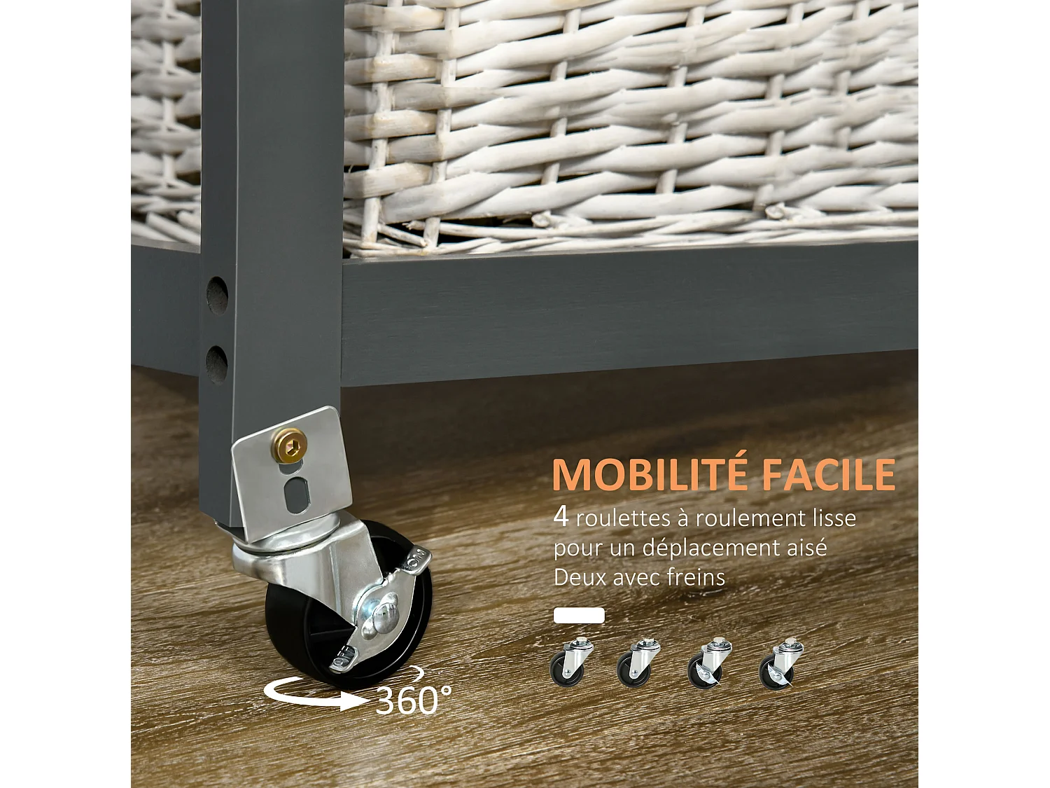 Desserte chariot de cuisine sur roulettes avec plan de travail, 2 paniers coulissants, 1 porte-torchons - gris