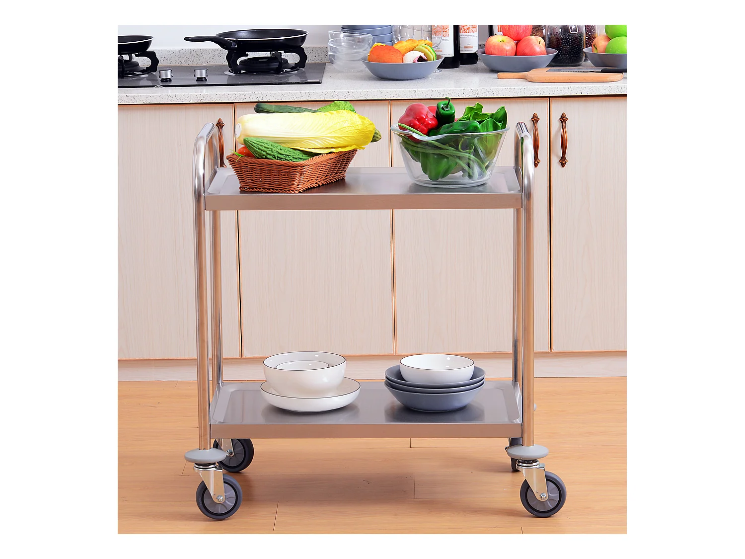 HOMCOM Chariot de service desserte de cuisine à roulettes 2 étagères 71L x 41l x 81H cm acier inox. chromé