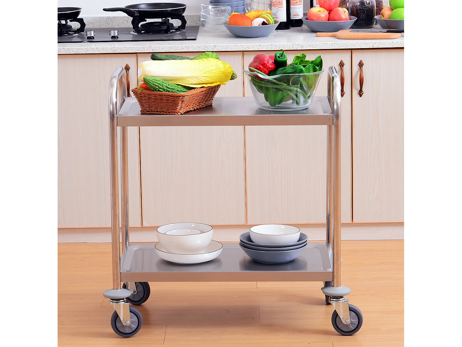 HOMCOM Chariot de service desserte de cuisine à roulettes 2 étagères 71L x 41l x 81H cm acier inox. chromé