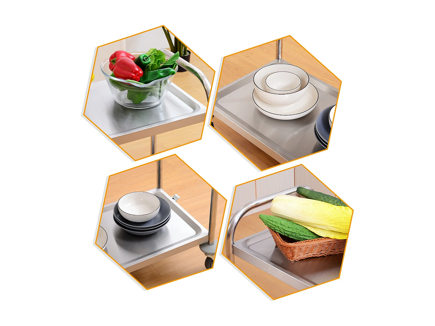 HOMCOM Chariot de service desserte de cuisine à roulettes 2 étagères 71L x 41l x 81H cm acier inox. chromé