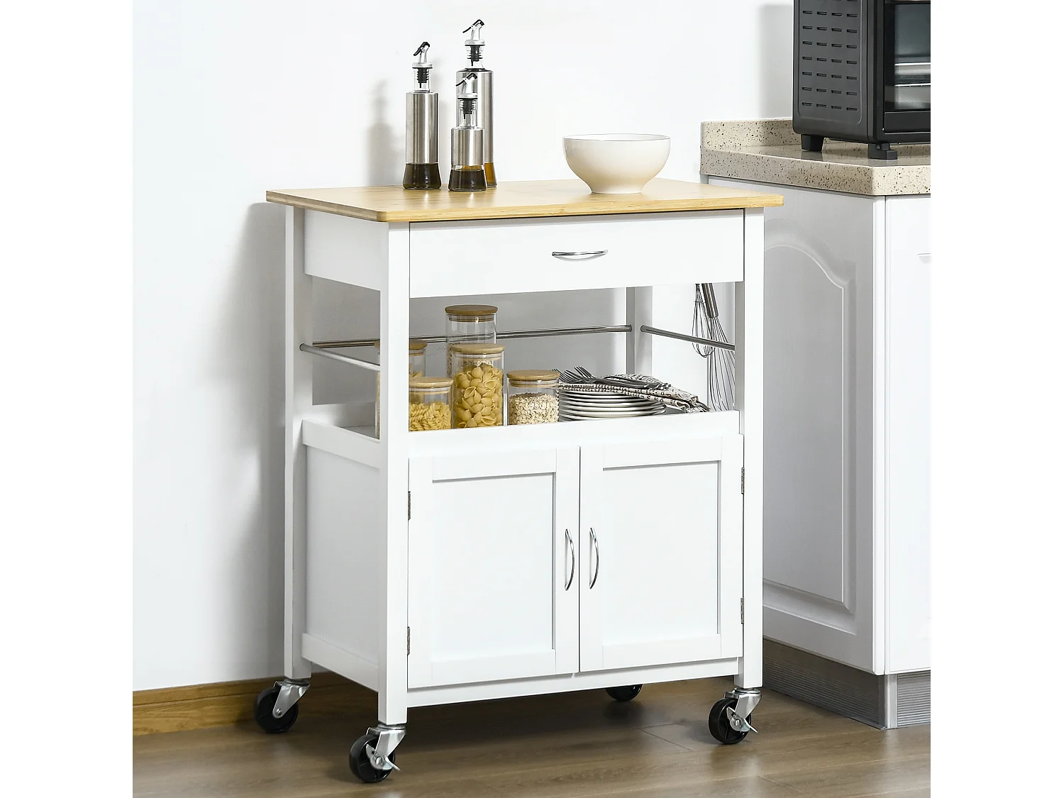 Desserte de cuisine multi-rangements - dim. 73L x 50l x 91H cm - poignées métal MDF blanc plateau bois bambou verni