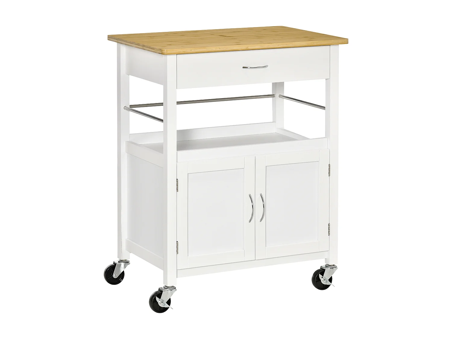 Desserte de cuisine multi-rangements - dim. 73L x 50l x 91H cm - poignées métal MDF blanc plateau bois bambou verni