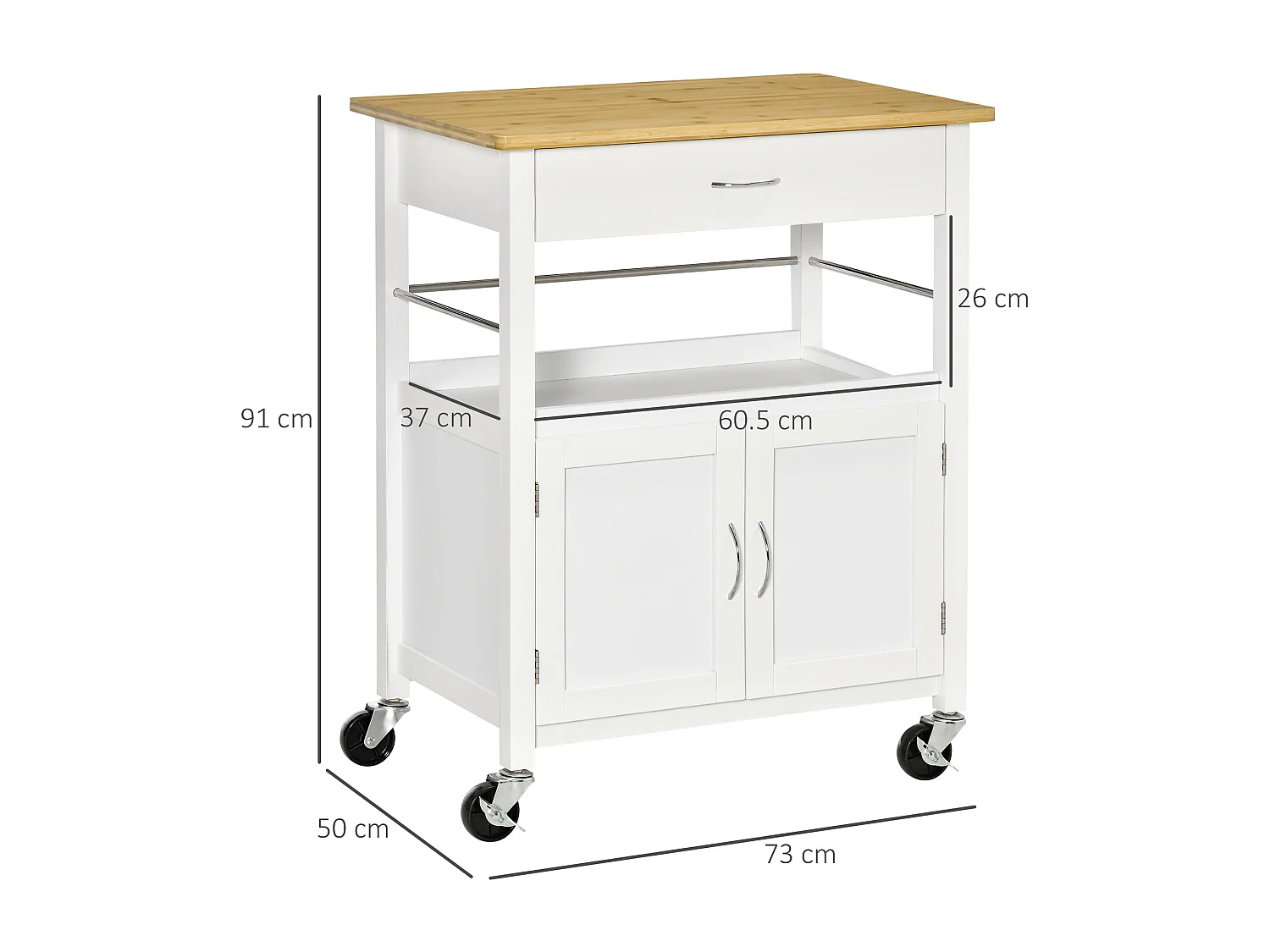 Desserte de cuisine multi-rangements - dim. 73L x 50l x 91H cm - poignées métal MDF blanc plateau bois bambou verni