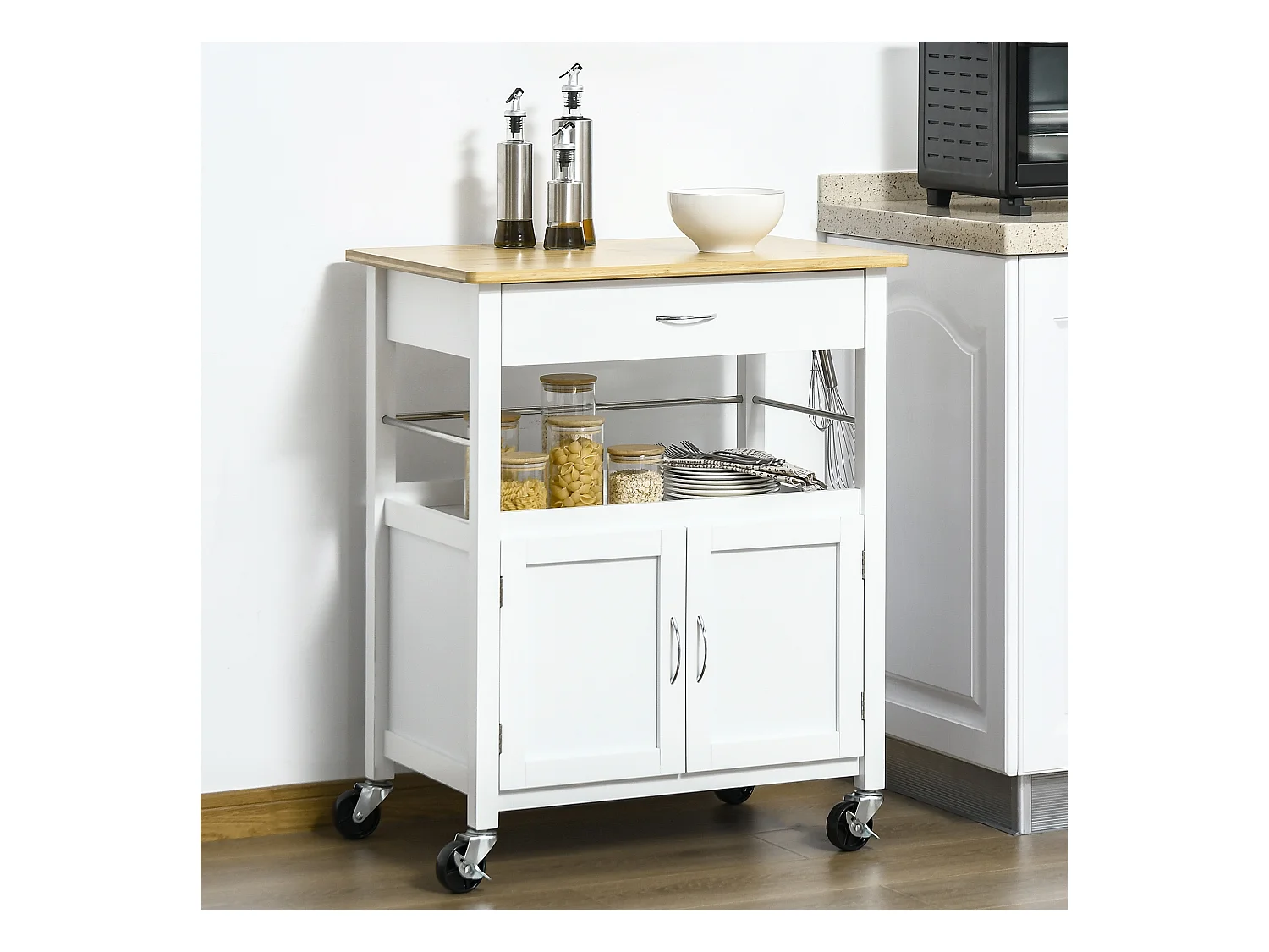 Desserte de cuisine multi-rangements - dim. 73L x 50l x 91H cm - poignées métal MDF blanc plateau bois bambou verni
