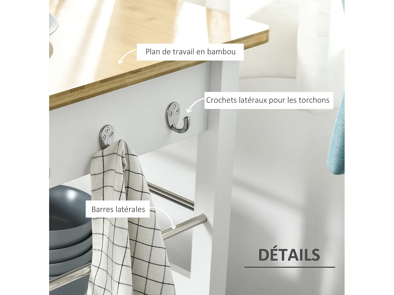 Desserte de cuisine multi-rangements - dim. 73L x 50l x 91H cm - poignées métal MDF blanc plateau bois bambou verni