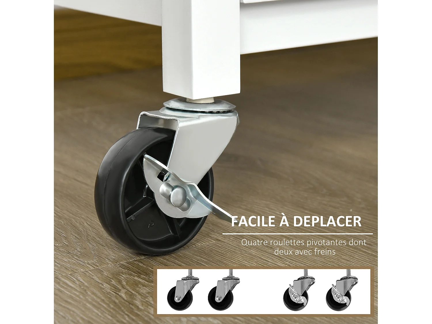 Desserte de cuisine multi-rangements - dim. 73L x 50l x 91H cm - poignées métal MDF blanc plateau bois bambou verni