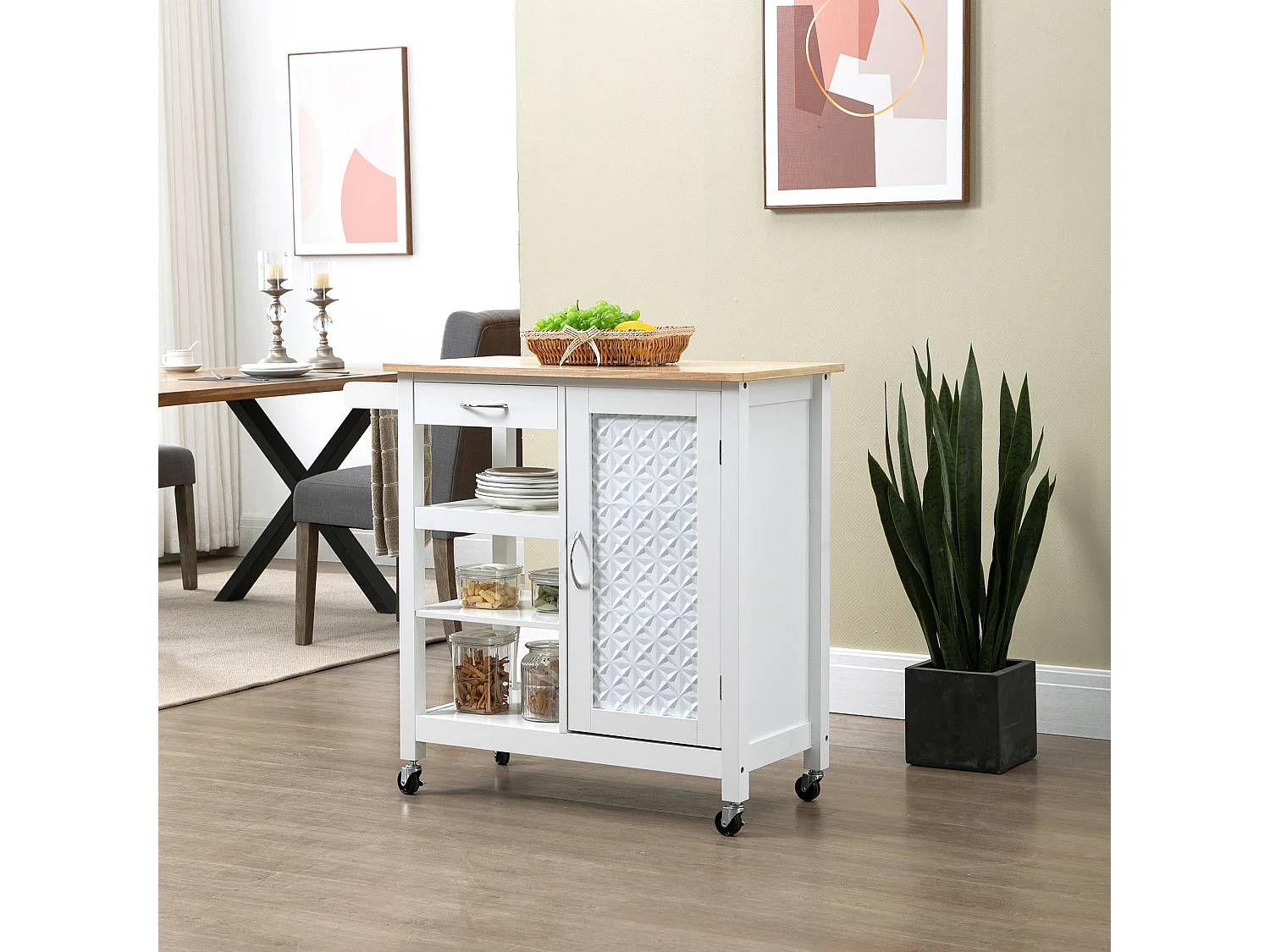 Desserte de cuisine style contemporain - porte, tiroir, 3 étagères - poignées métal MDF blanc plateau bois pin