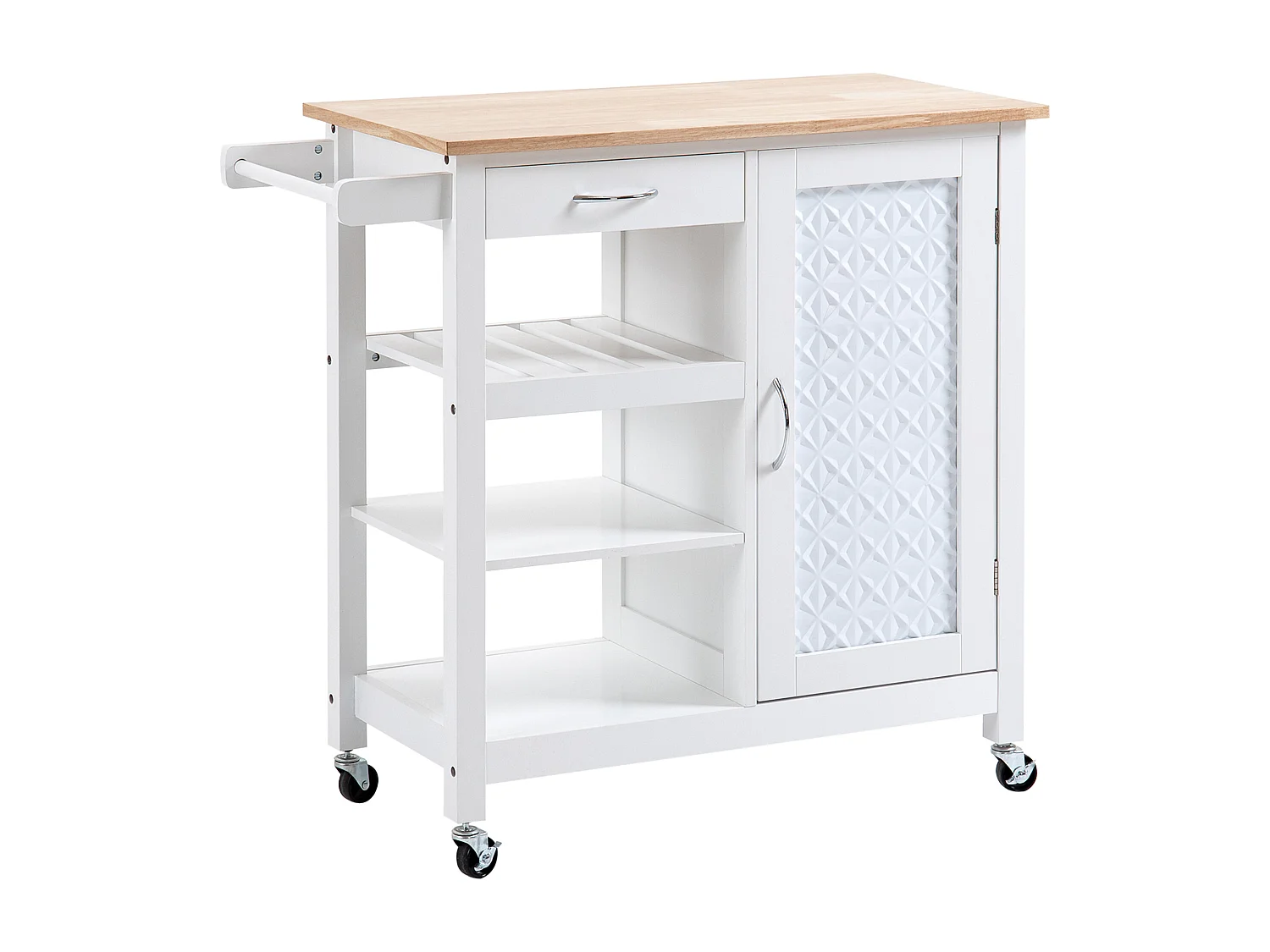 Desserte de cuisine style contemporain - porte, tiroir, 3 étagères - poignées métal MDF blanc plateau bois pin