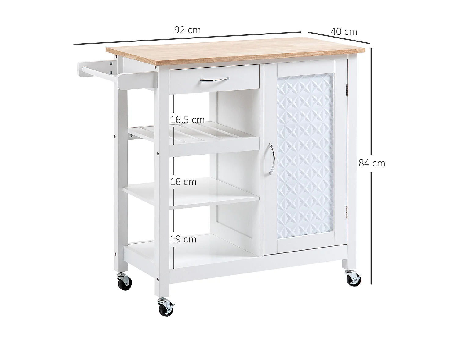 Desserte de cuisine style contemporain - porte, tiroir, 3 étagères - poignées métal MDF blanc plateau bois pin