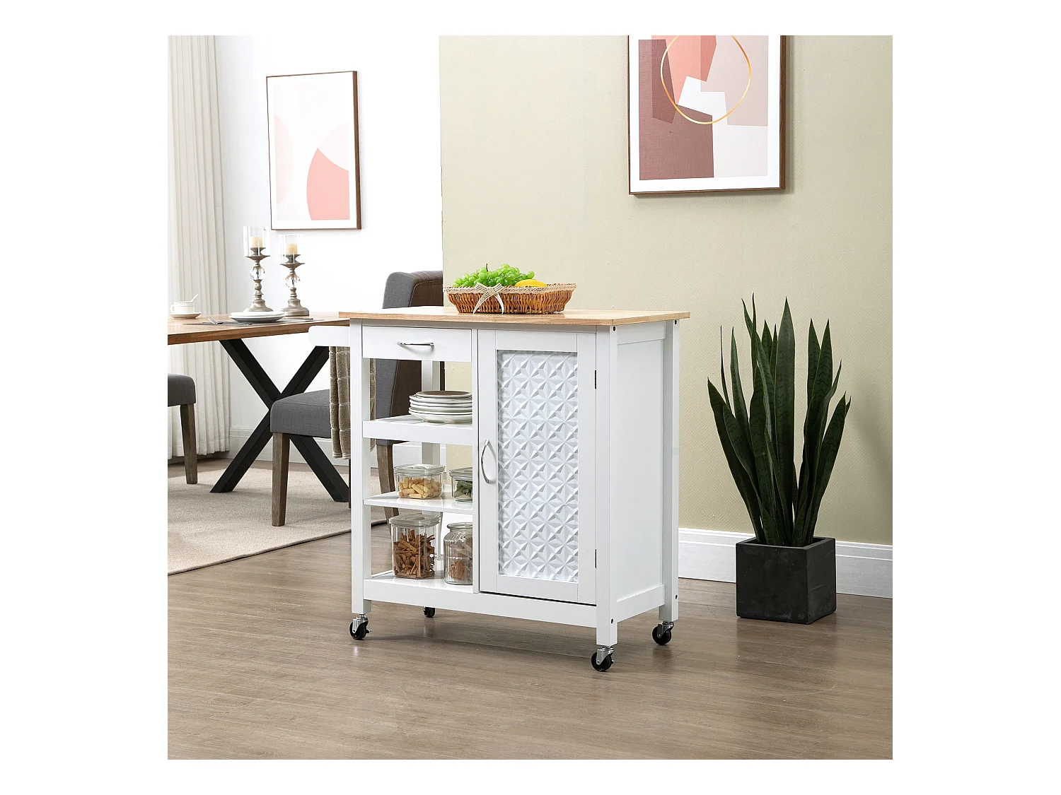 Desserte de cuisine style contemporain - porte, tiroir, 3 étagères - poignées métal MDF blanc plateau bois pin