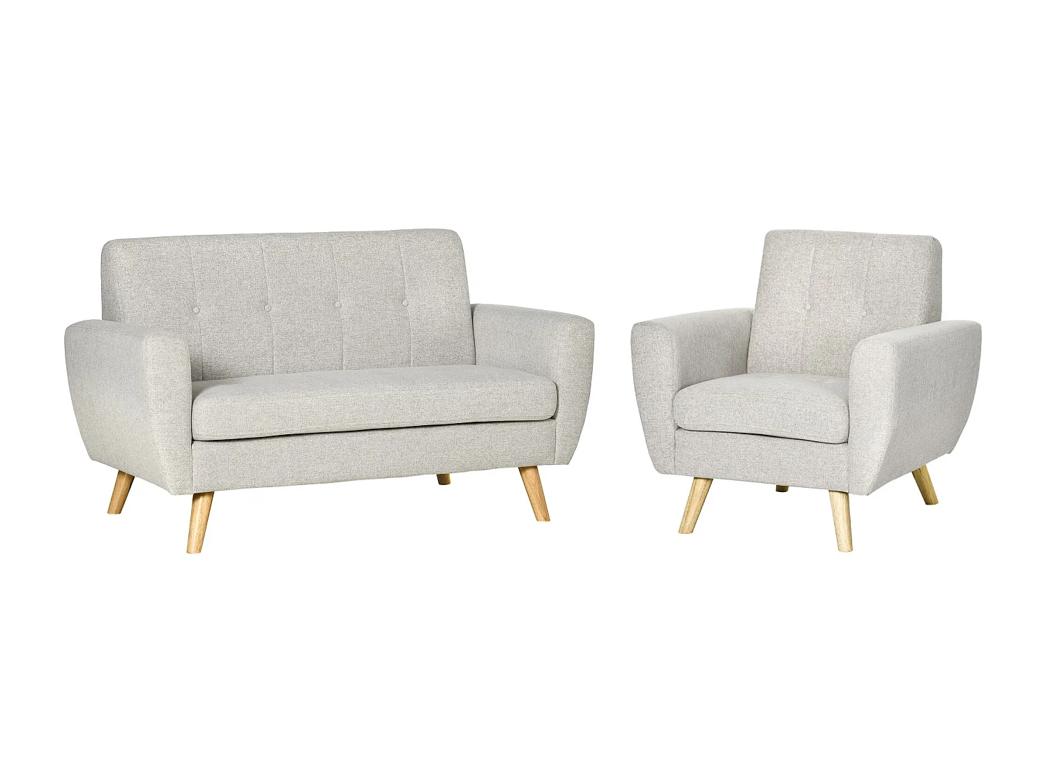 Ensemble salon 3 places 2 pièces design scandinave - canapé 2 places et fauteuil - pieds et structure bois - tissu aspect lin gris clair