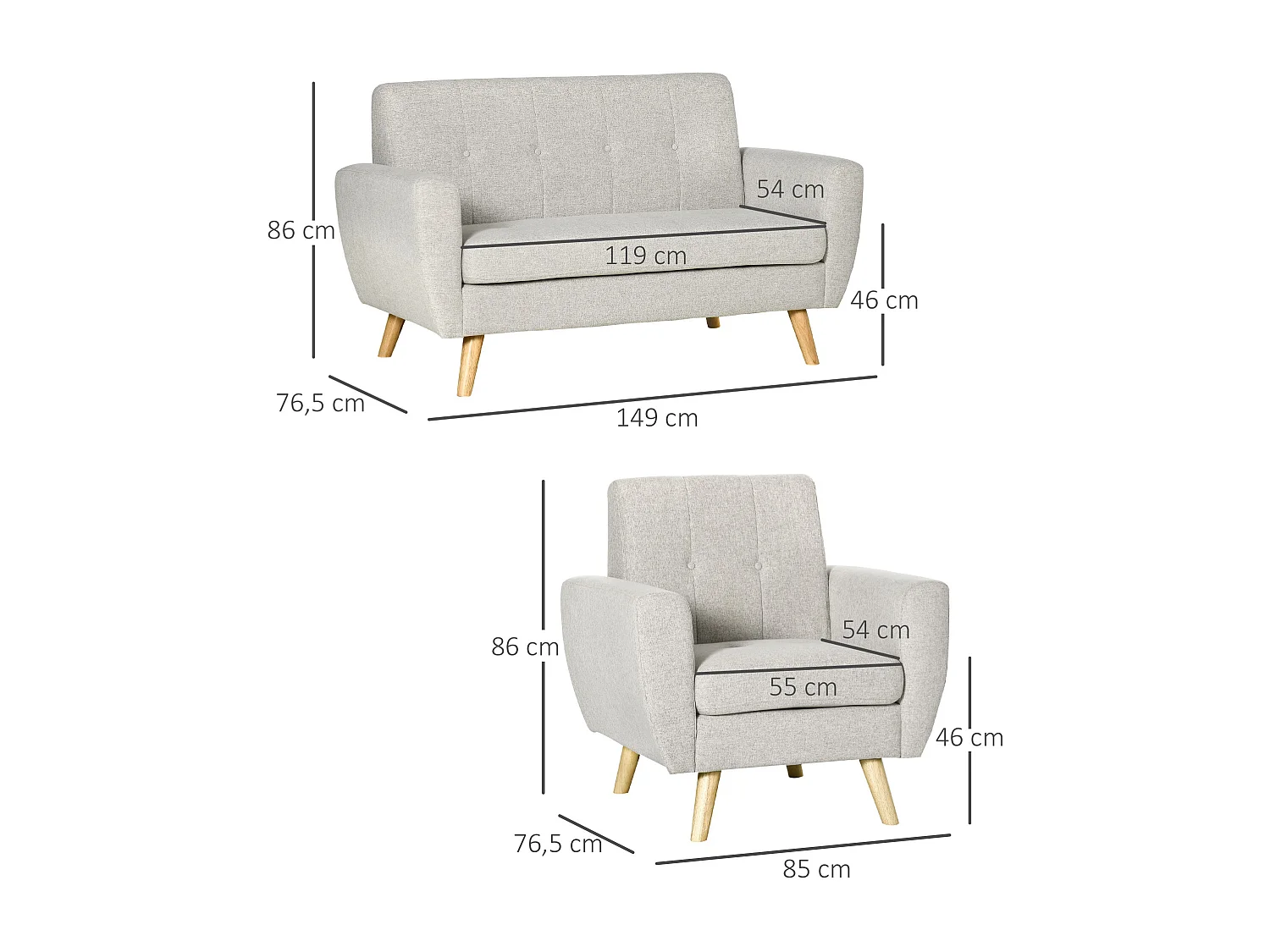 Ensemble salon 3 places 2 pièces design scandinave - canapé 2 places et fauteuil - pieds et structure bois - tissu aspect lin gris clair