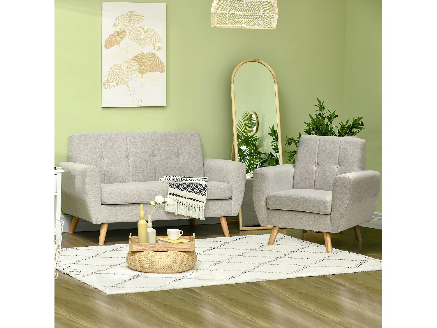 Ensemble salon 3 places 2 pièces design scandinave - canapé 2 places et fauteuil - pieds et structure bois - tissu aspect lin gris clair