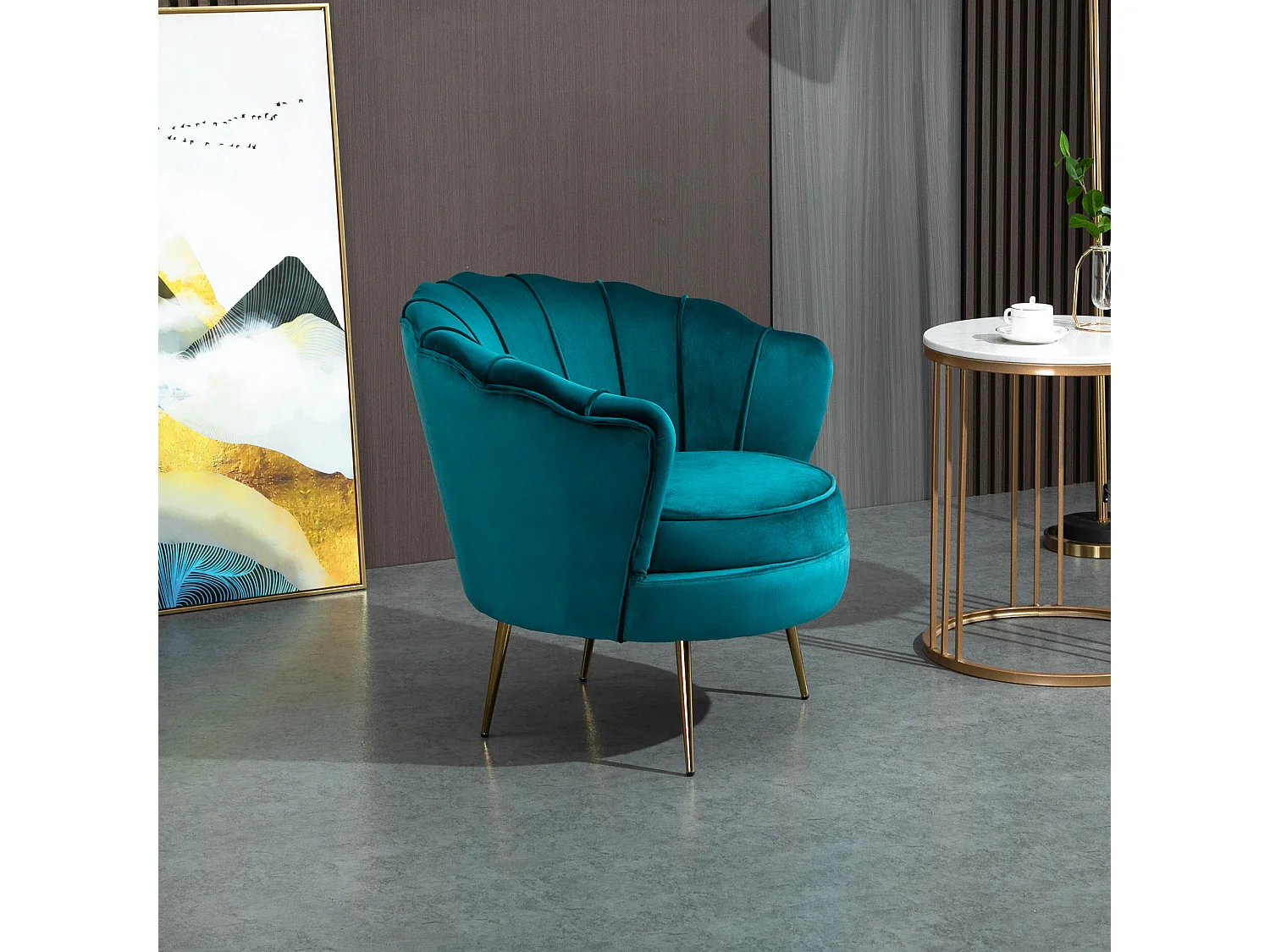 Fauteuil coquillage fauteuil design dim. 79L x 77l x 77H cm pieds dorés effilés velours bleu canard