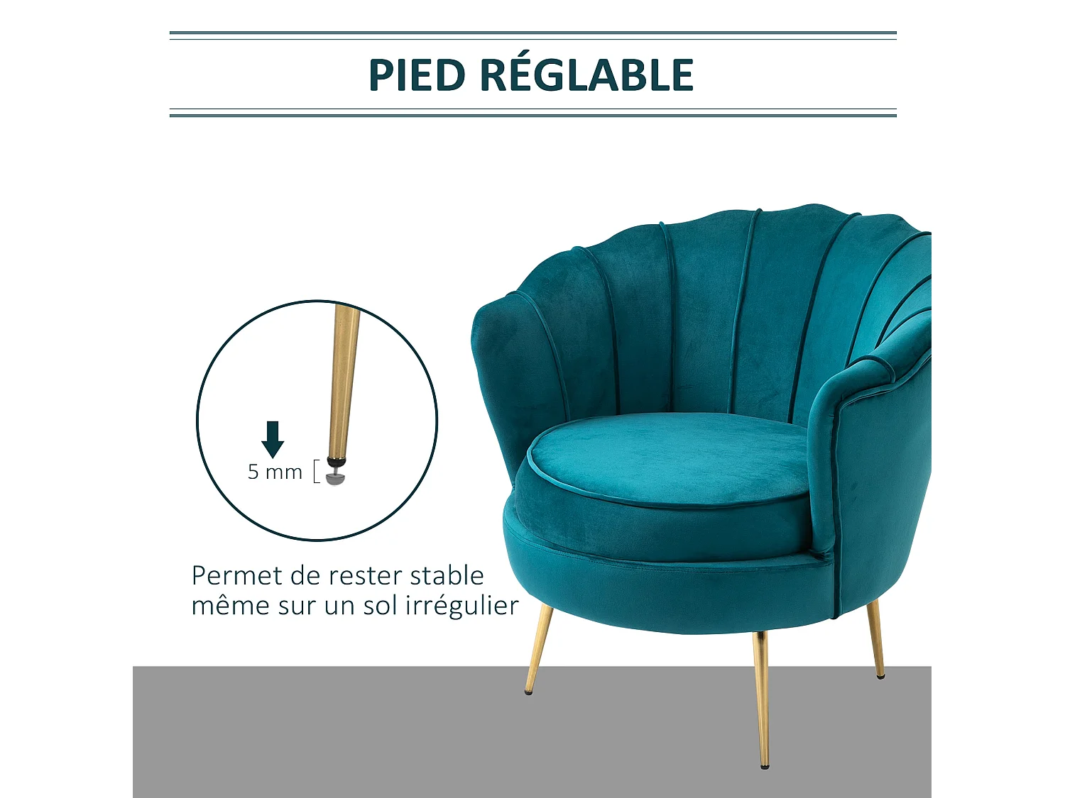 Fauteuil coquillage fauteuil design dim. 79L x 77l x 77H cm pieds dorés effilés velours bleu canard