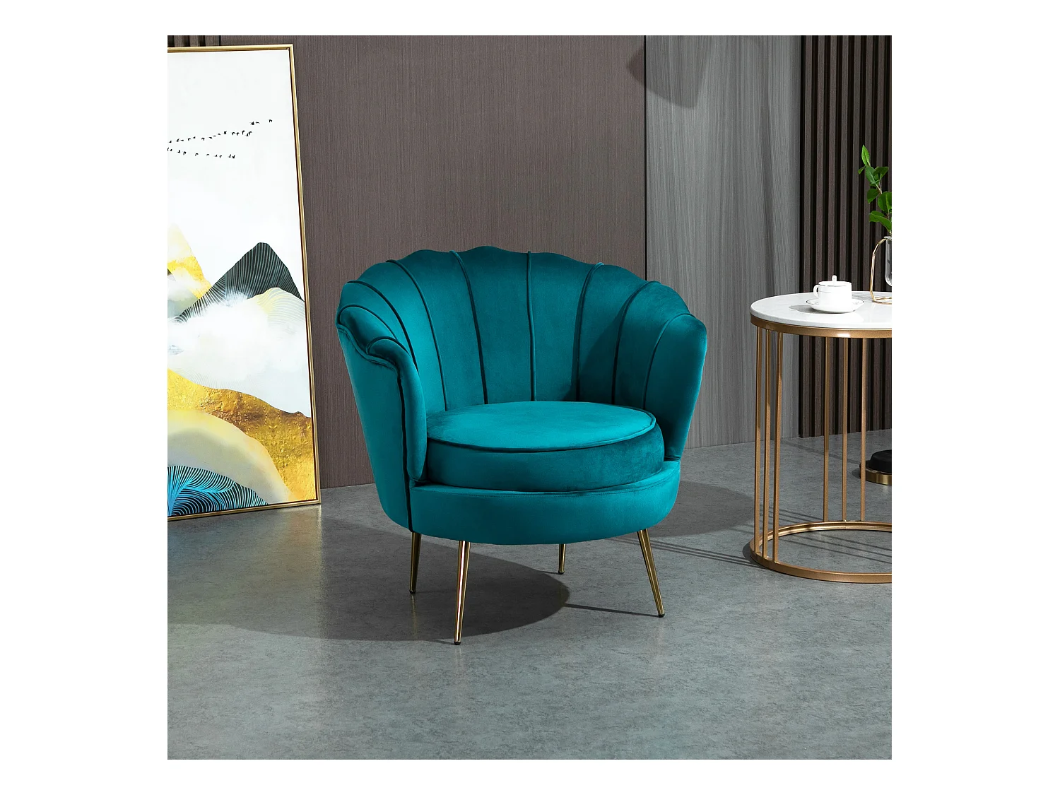 Fauteuil coquillage fauteuil design dim. 79L x 77l x 77H cm pieds dorés effilés velours bleu canard