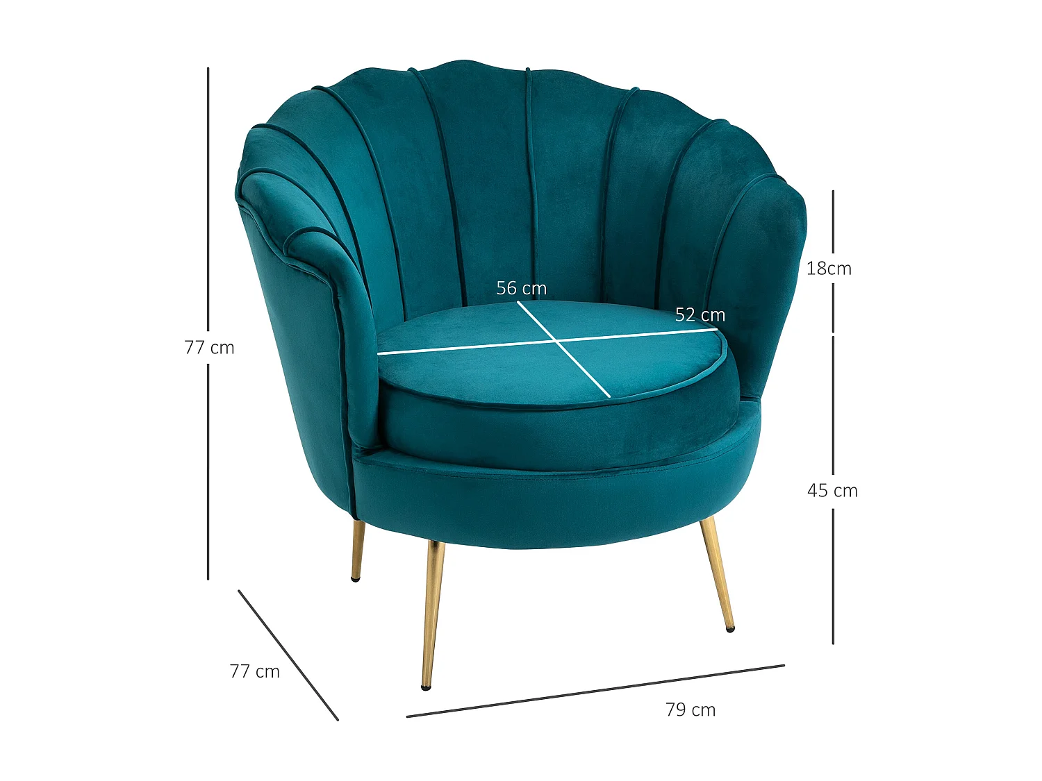 Fauteuil coquillage fauteuil design dim. 79L x 77l x 77H cm pieds dorés effilés velours bleu canard