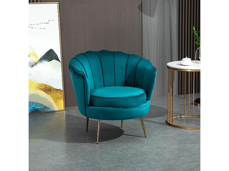 Fauteuil coquillage fauteuil design dim. 79L x 77l x 77H cm pieds dorés effilés velours bleu canard