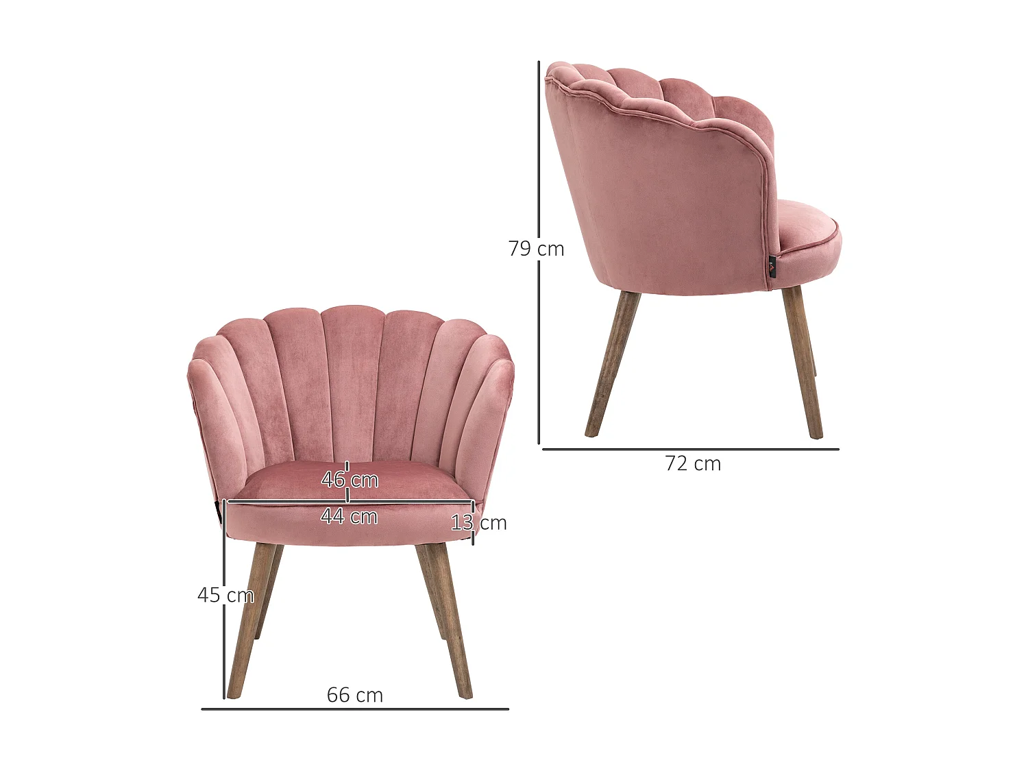 Fauteuil design coquillage piètement effilé bois d'hévéa dossier enveloppant strié aspect velours rose poudré