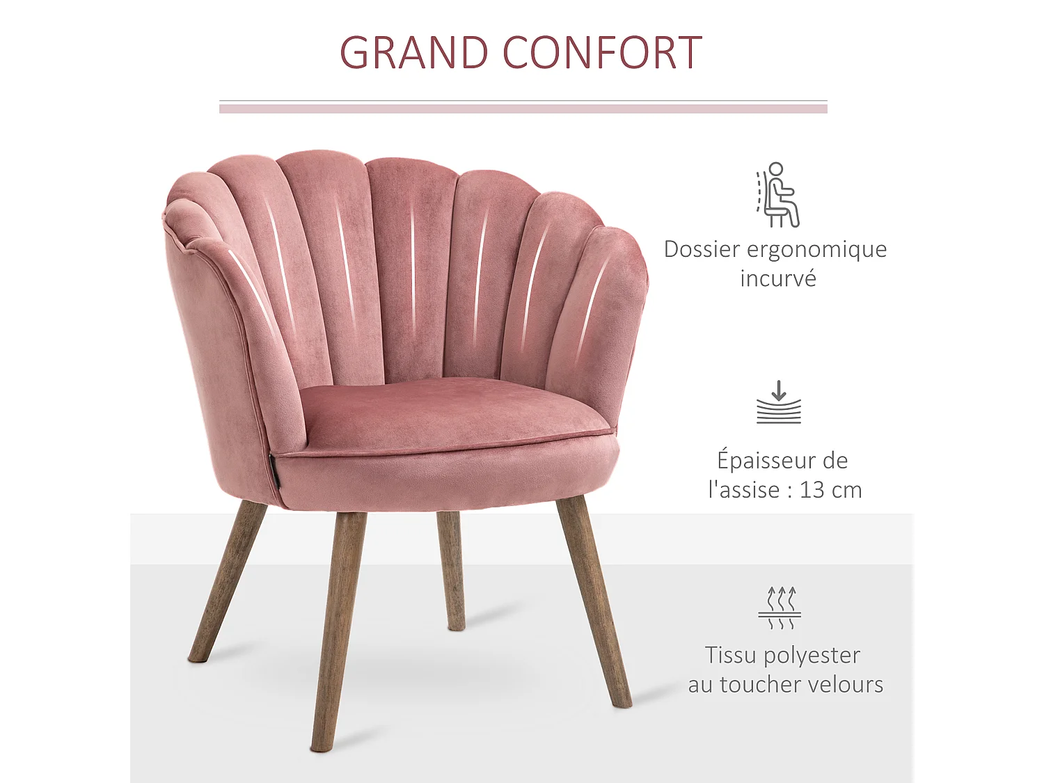 Fauteuil design coquillage piètement effilé bois d'hévéa dossier enveloppant strié aspect velours rose poudré
