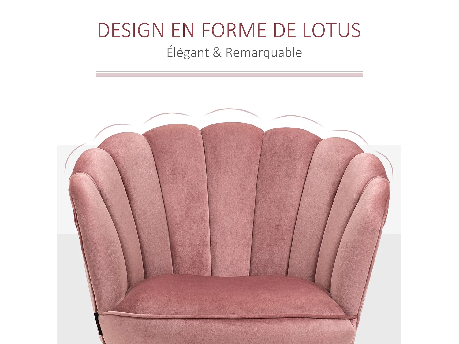 Fauteuil design coquillage piètement effilé bois d'hévéa dossier enveloppant strié aspect velours rose poudré