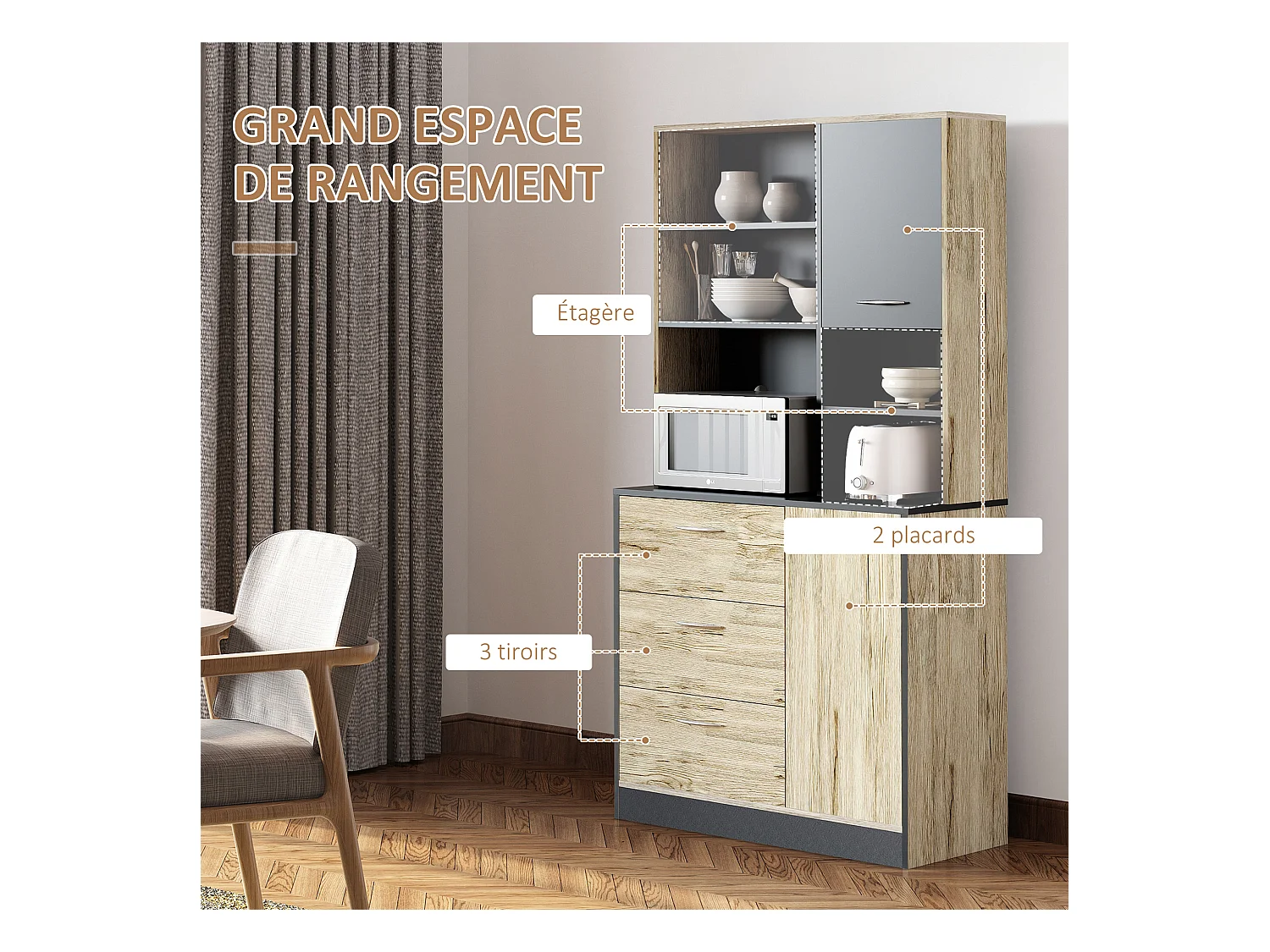Armoire de cuisine multi-rangements 2 portes 3 tiroirs 3 étagères + grand plateau 90L x 39l x 169H cm bicolore chêne clair gris