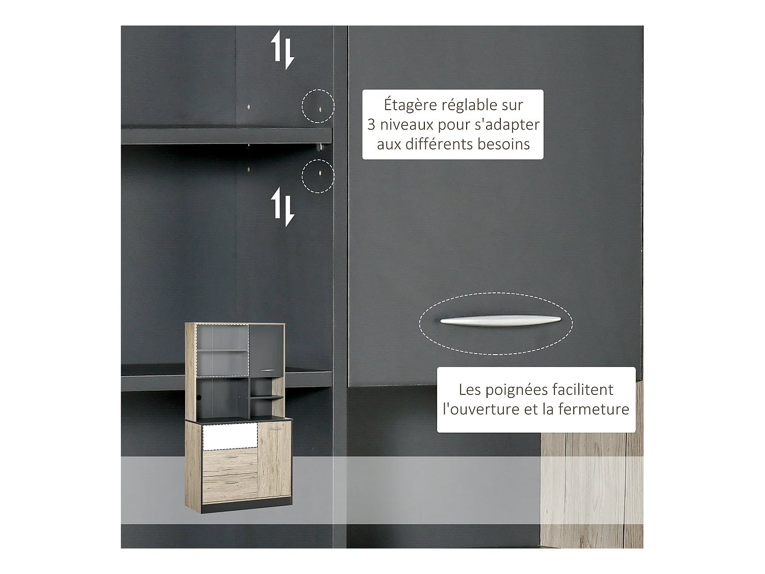 Armoire de cuisine multi-rangements 2 portes 3 tiroirs 3 étagères + grand plateau 90L x 39l x 169H cm bicolore chêne clair gris