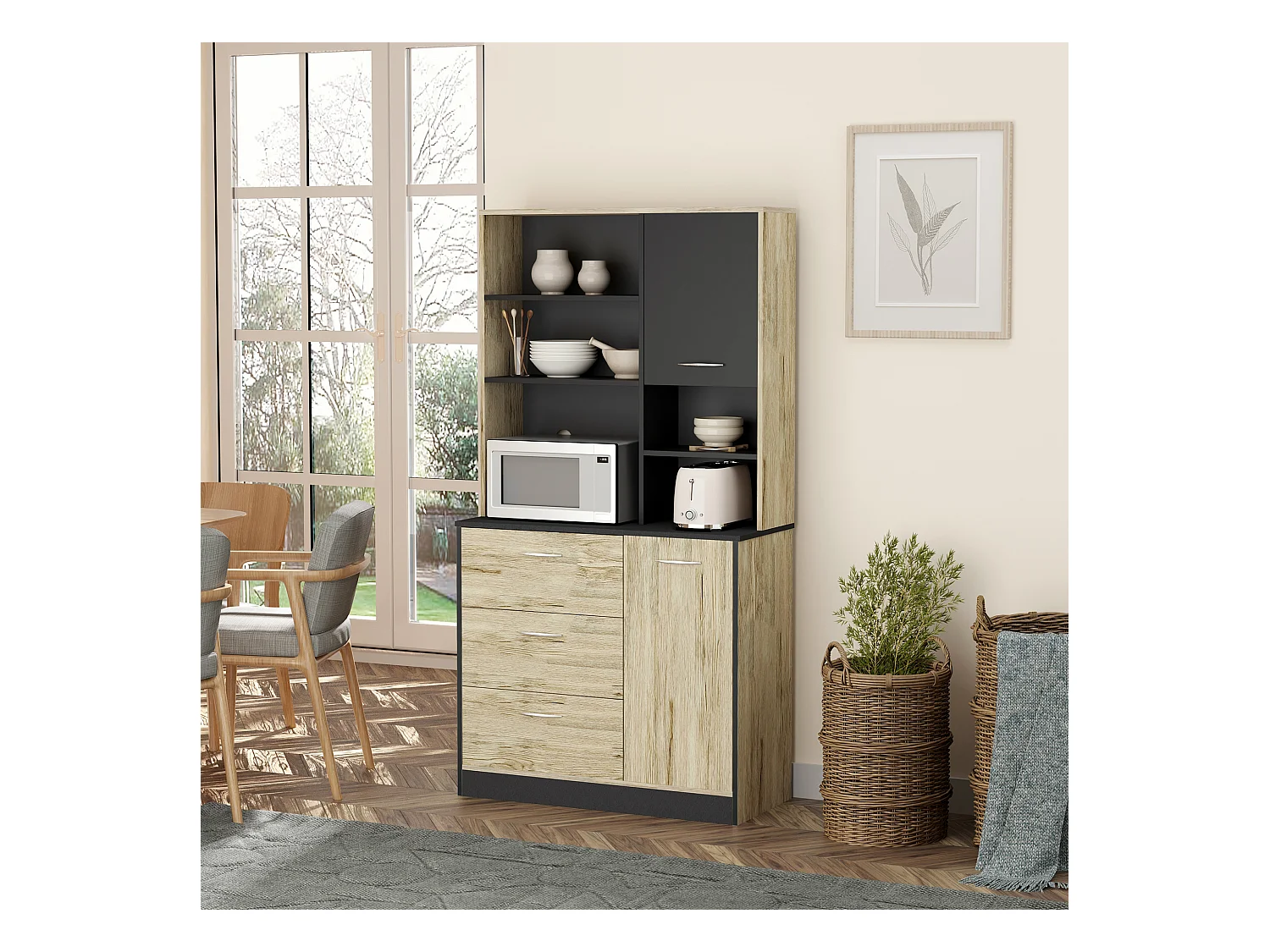 Armoire de cuisine multi-rangements 2 portes 3 tiroirs 3 étagères + grand plateau 90L x 39l x 169H cm bicolore chêne clair gris