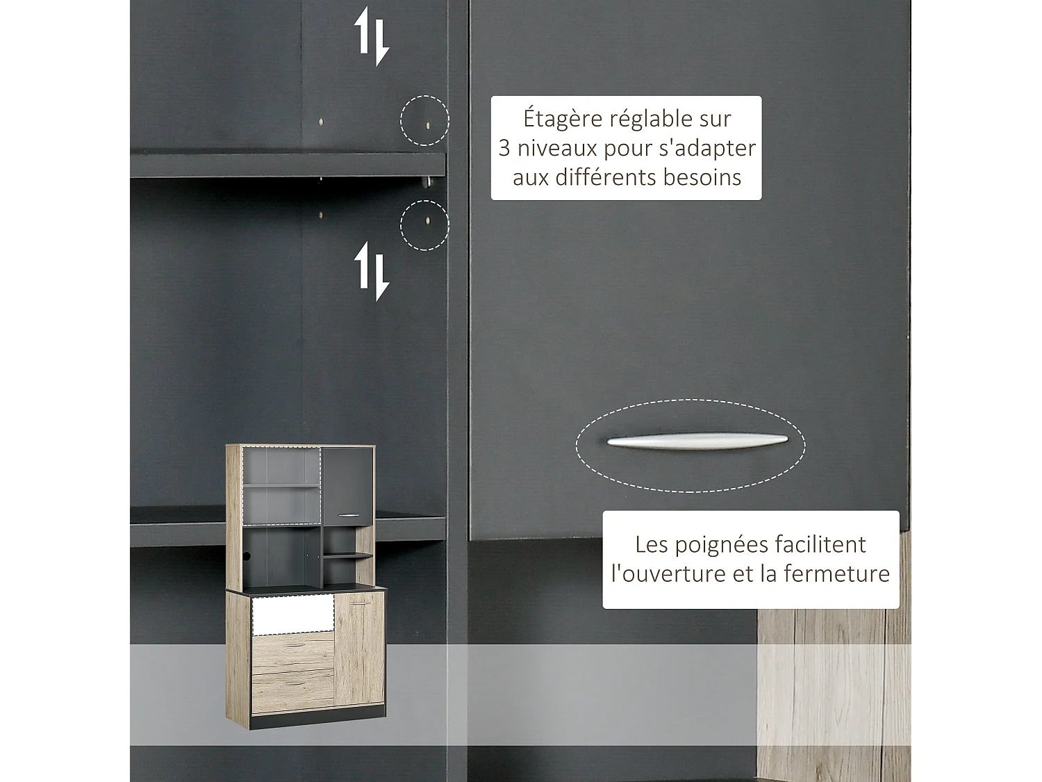 Armoire de cuisine multi-rangements 2 portes 3 tiroirs 3 étagères + grand plateau 90L x 39l x 169H cm bicolore chêne clair gris
