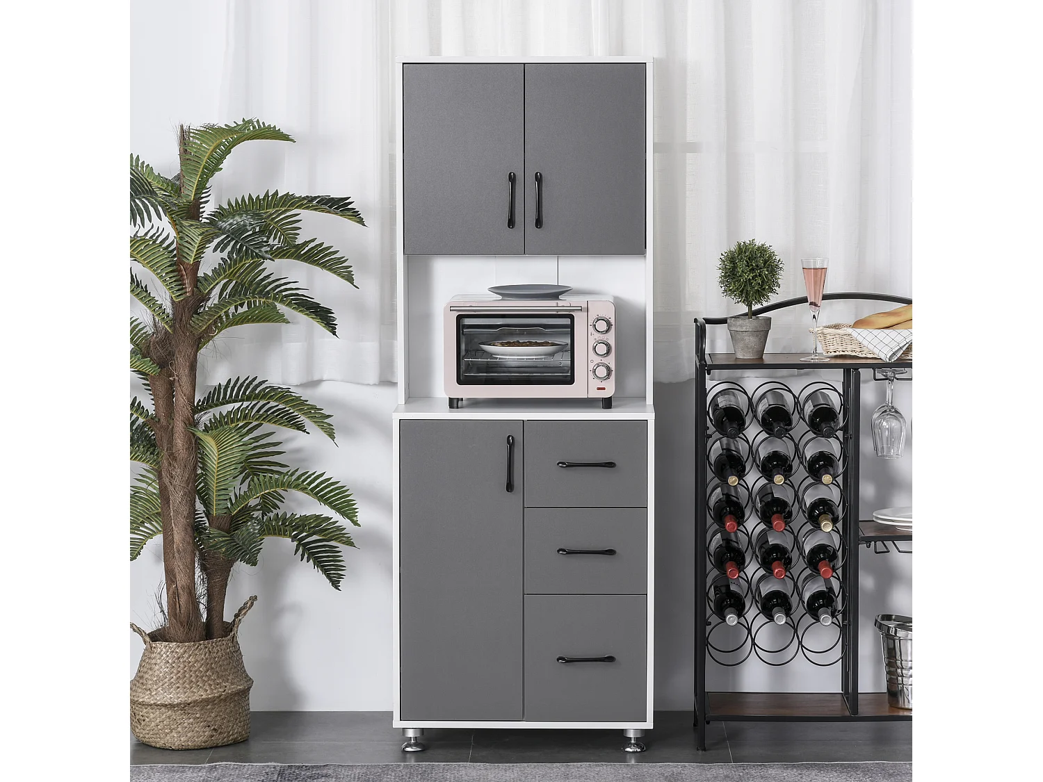 HOMCOM Armoire de cuisine multi-rangements 2 + 1 porte 3 tiroirs + grand plateau dim. 60L x 40l x 150H cm bicolore gris blanc