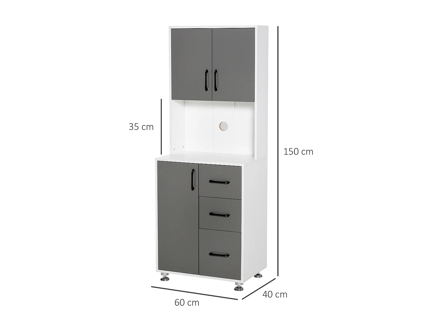 HOMCOM Armoire de cuisine multi-rangements 2 + 1 porte 3 tiroirs + grand plateau dim. 60L x 40l x 150H cm bicolore gris blanc