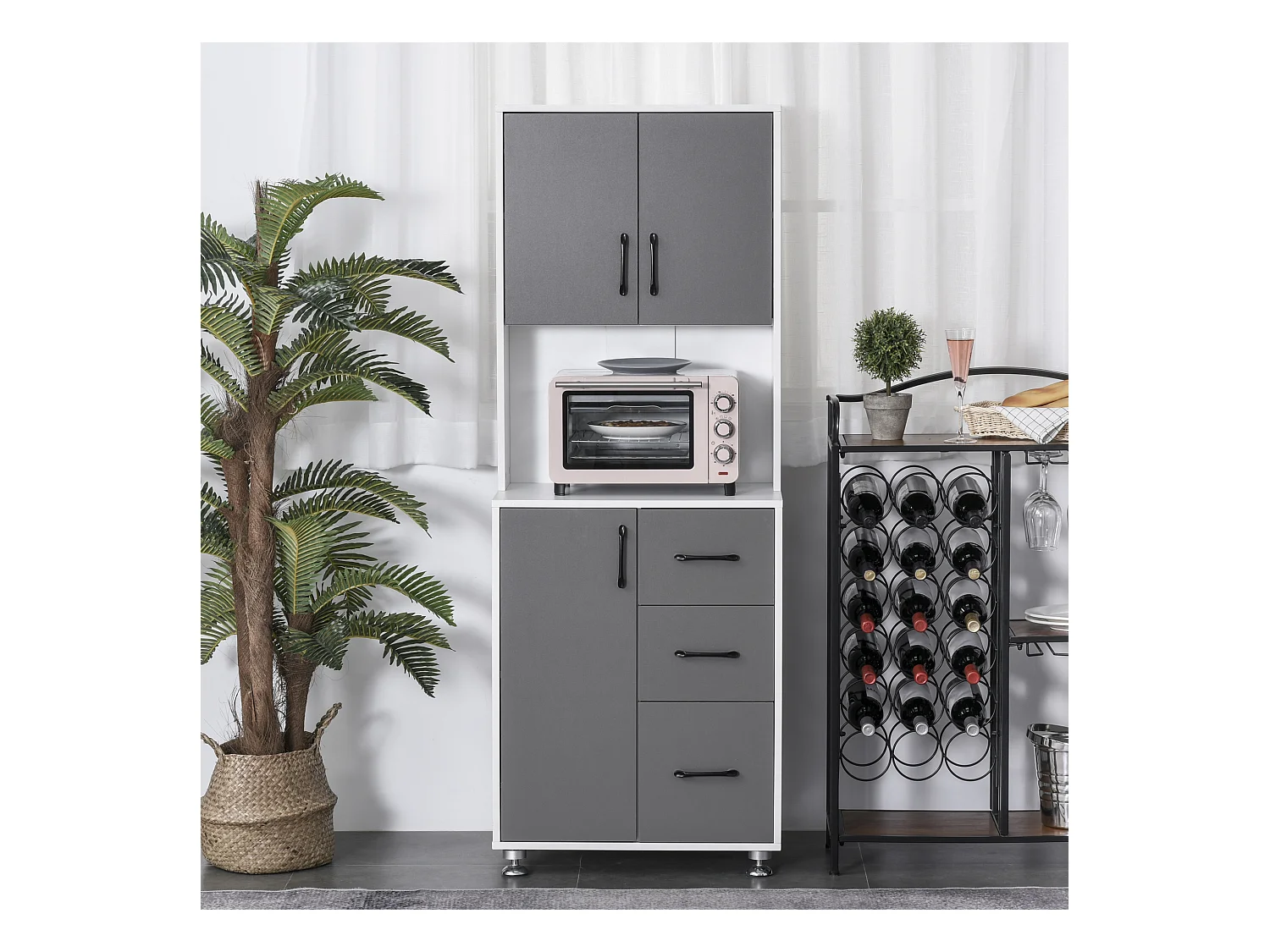 HOMCOM Armoire de cuisine multi-rangements 2 + 1 porte 3 tiroirs + grand plateau dim. 60L x 40l x 150H cm bicolore gris blanc
