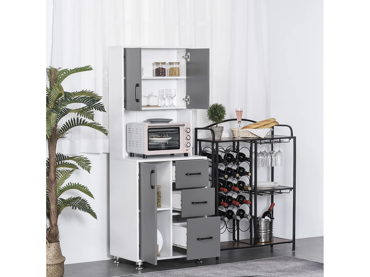 HOMCOM Armoire de cuisine multi-rangements 2 + 1 porte 3 tiroirs + grand plateau dim. 60L x 40l x 150H cm bicolore gris blanc
