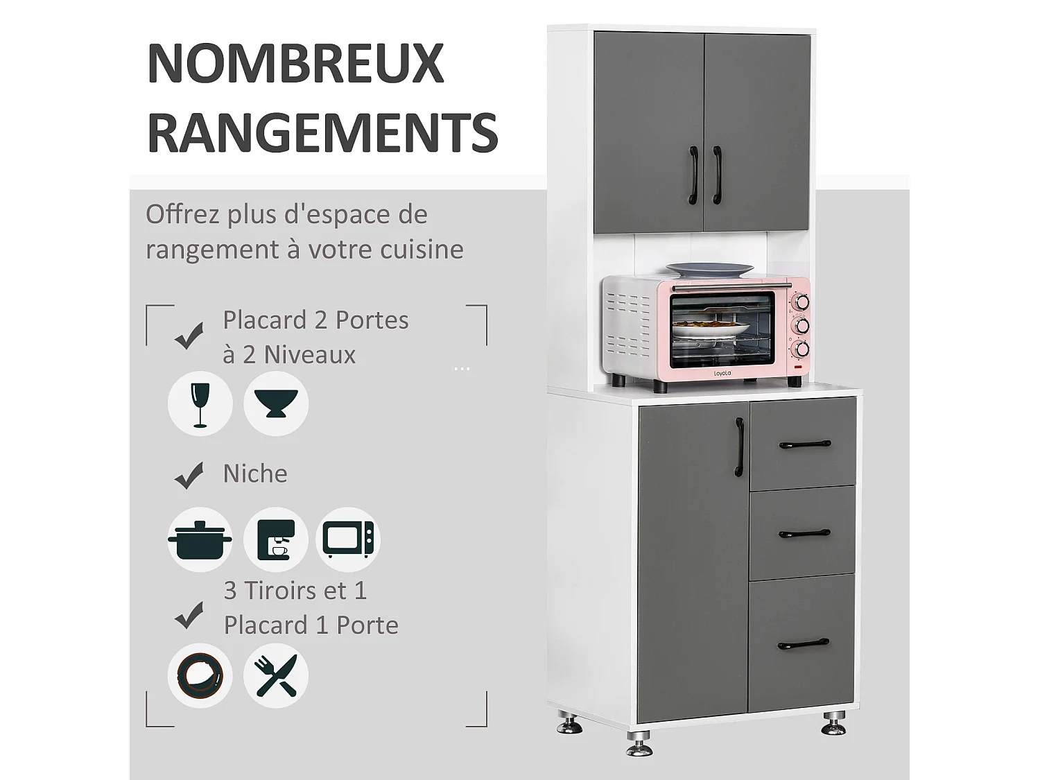 HOMCOM Armoire de cuisine multi-rangements 2 + 1 porte 3 tiroirs + grand plateau dim. 60L x 40l x 150H cm bicolore gris blanc