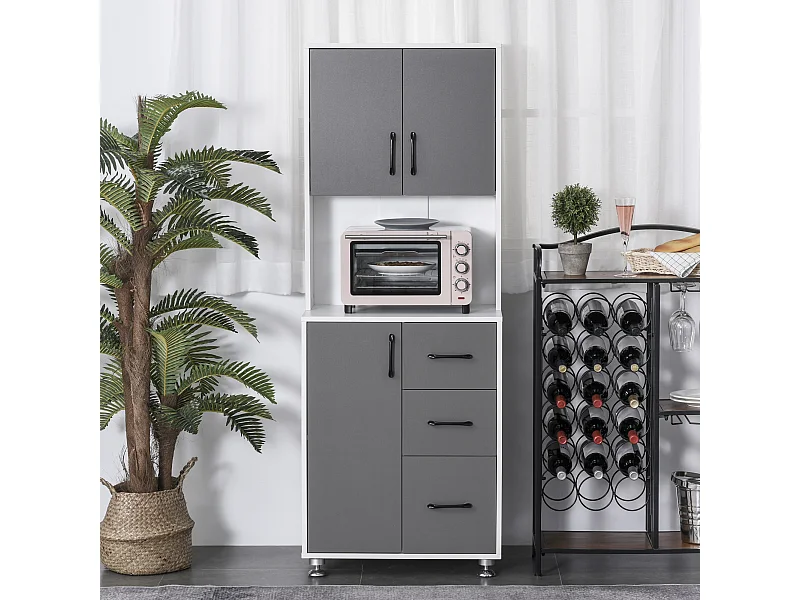 HOMCOM Armoire de cuisine multi-rangements 2 + 1 porte 3 tiroirs + grand plateau dim. 60L x 40l x 150H cm bicolore gris blanc