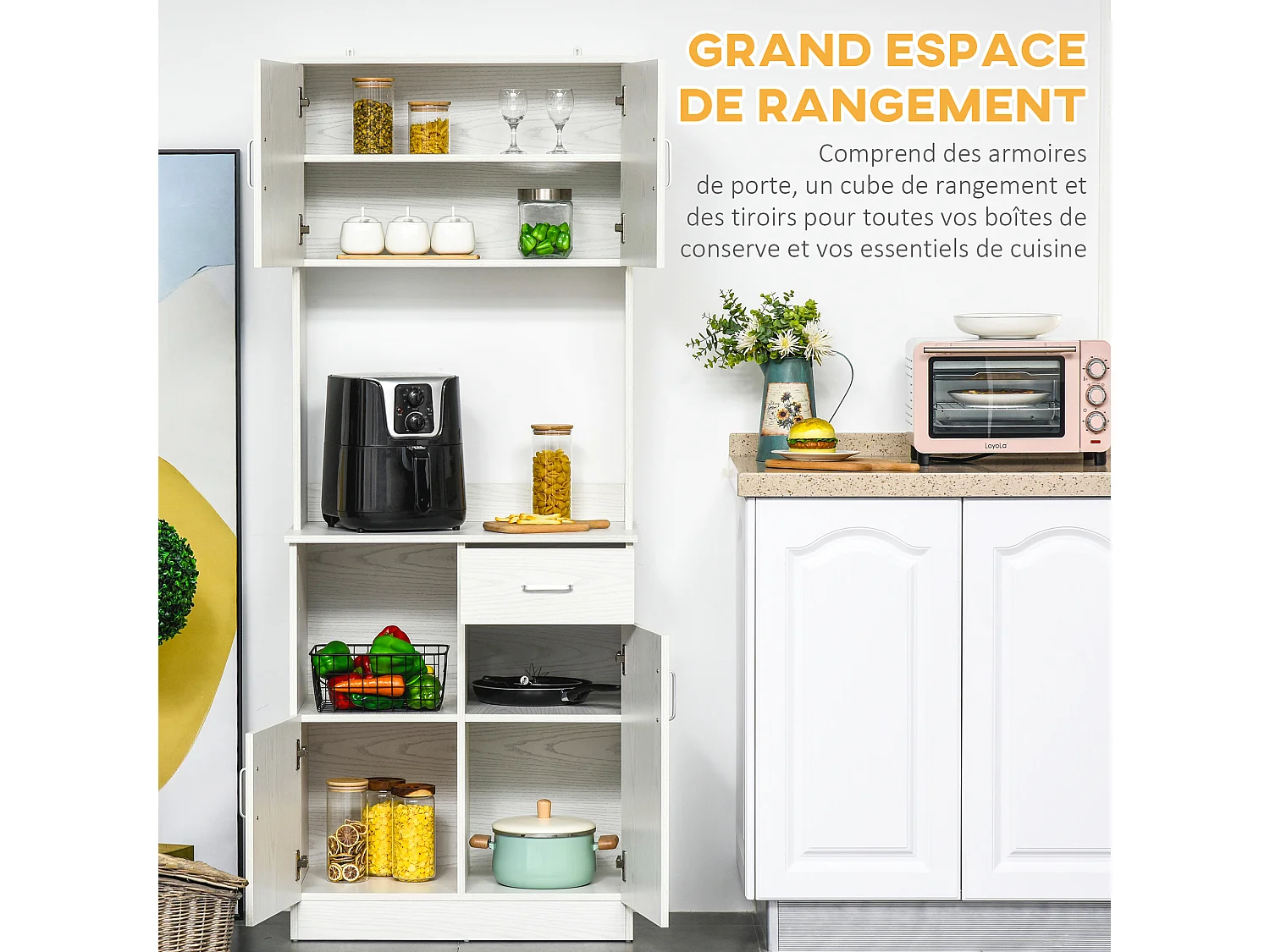 HOMCOM Armoire de cuisine multi-rangements 4 portes 1 tiroirs étagère + grand plateau 71 x 41 x 178 cm MDF blanc