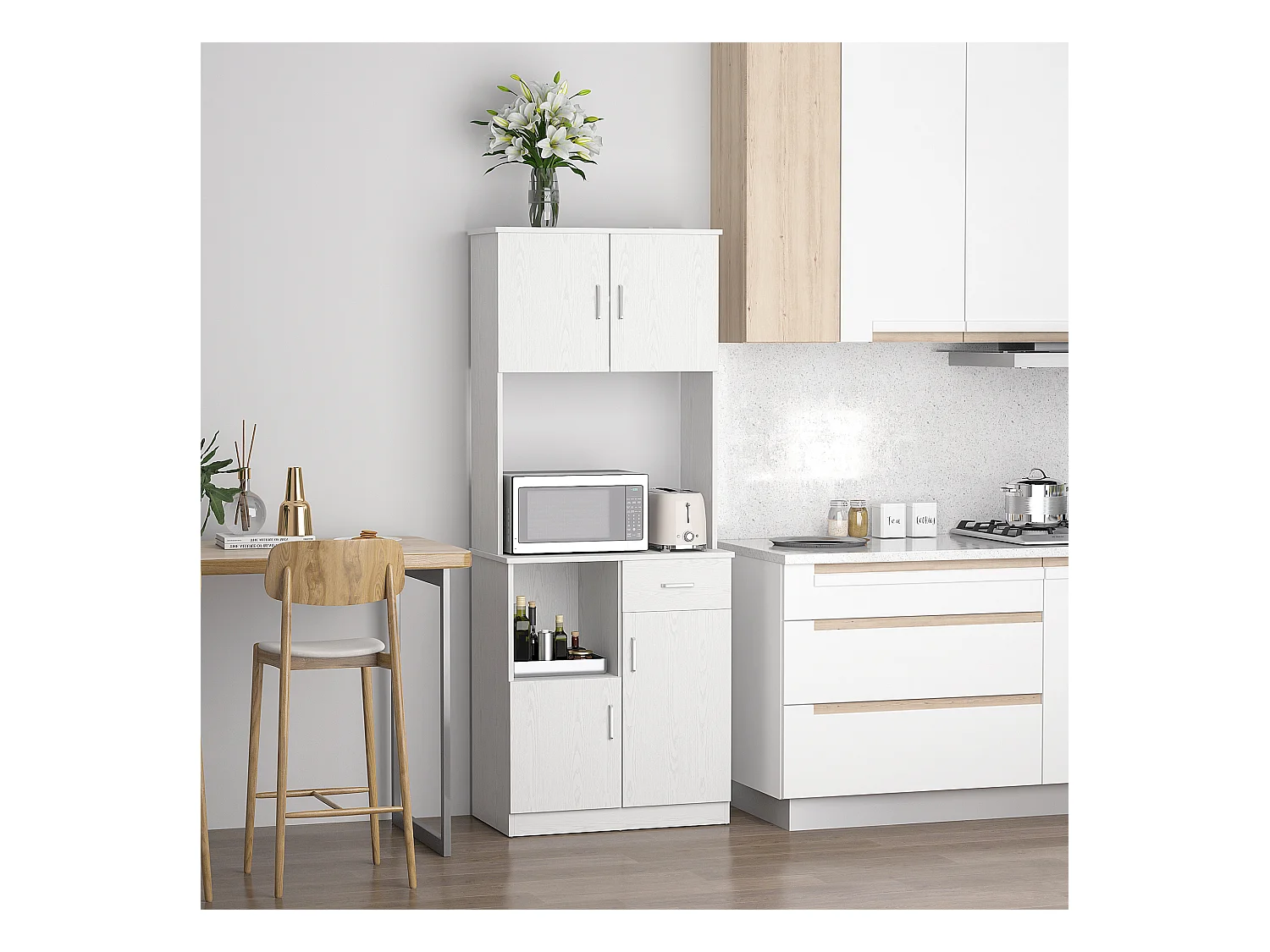 HOMCOM Armoire de cuisine multi-rangements 4 portes 1 tiroirs étagère + grand plateau 71 x 41 x 178 cm MDF blanc