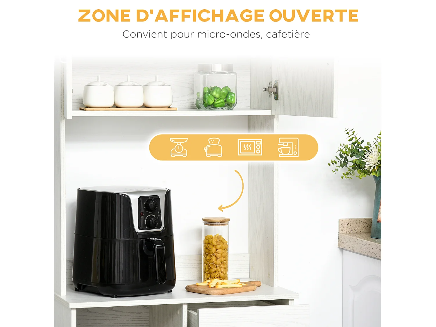 HOMCOM Armoire de cuisine multi-rangements 4 portes 1 tiroirs étagère + grand plateau 71 x 41 x 178 cm MDF blanc