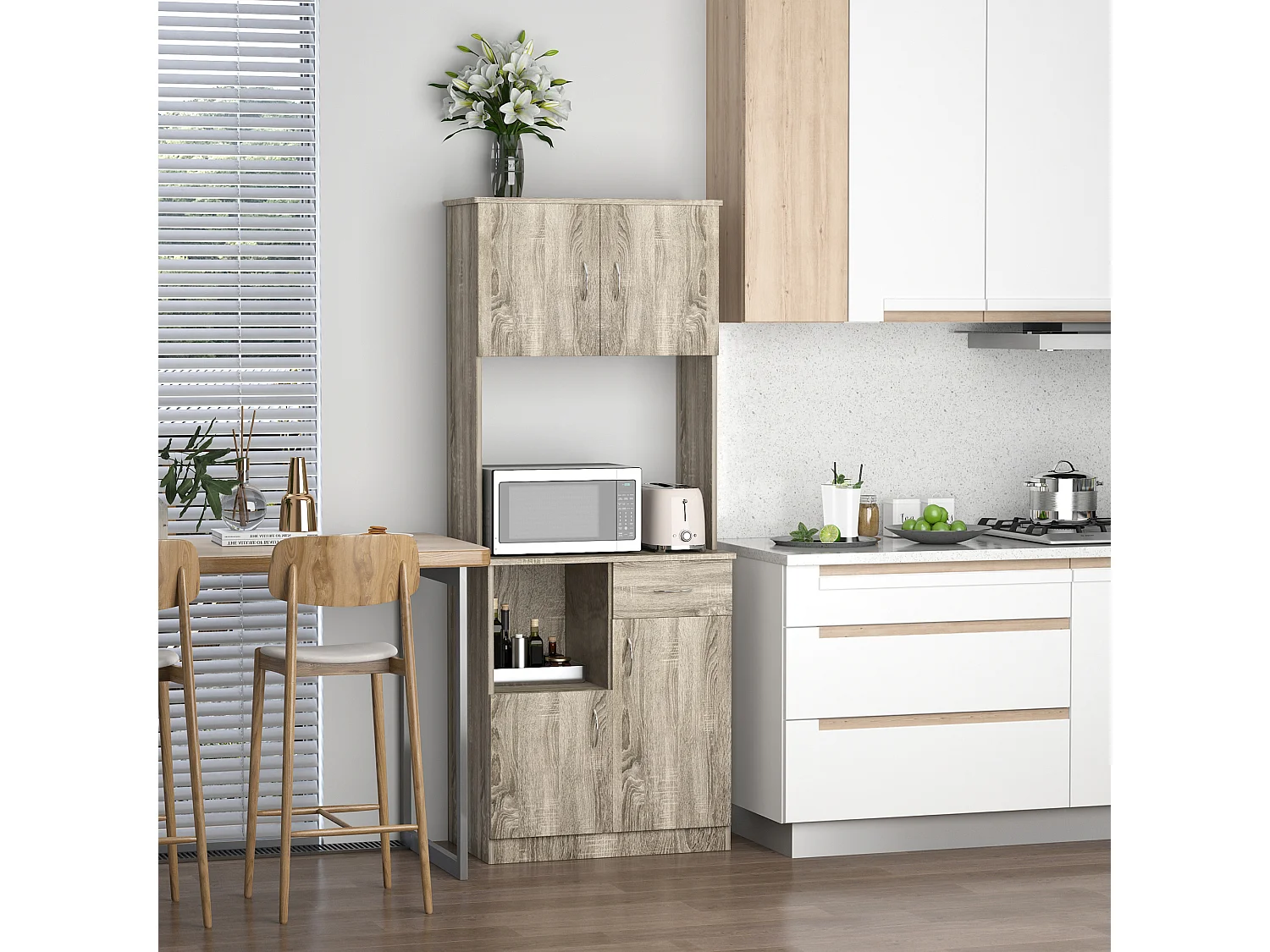 HOMCOM Armoire de cuisine multi-rangements 3 placards 2 niches tiroir panneaux particules classe E1 aspect chêne gris